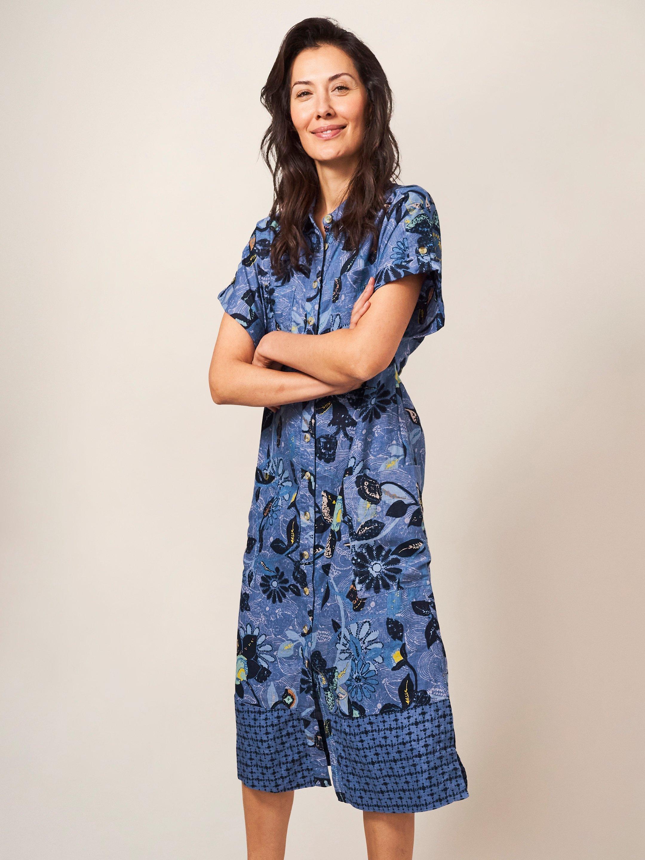 Reno Linen Shirt Dress in BLUE PR - MIXED