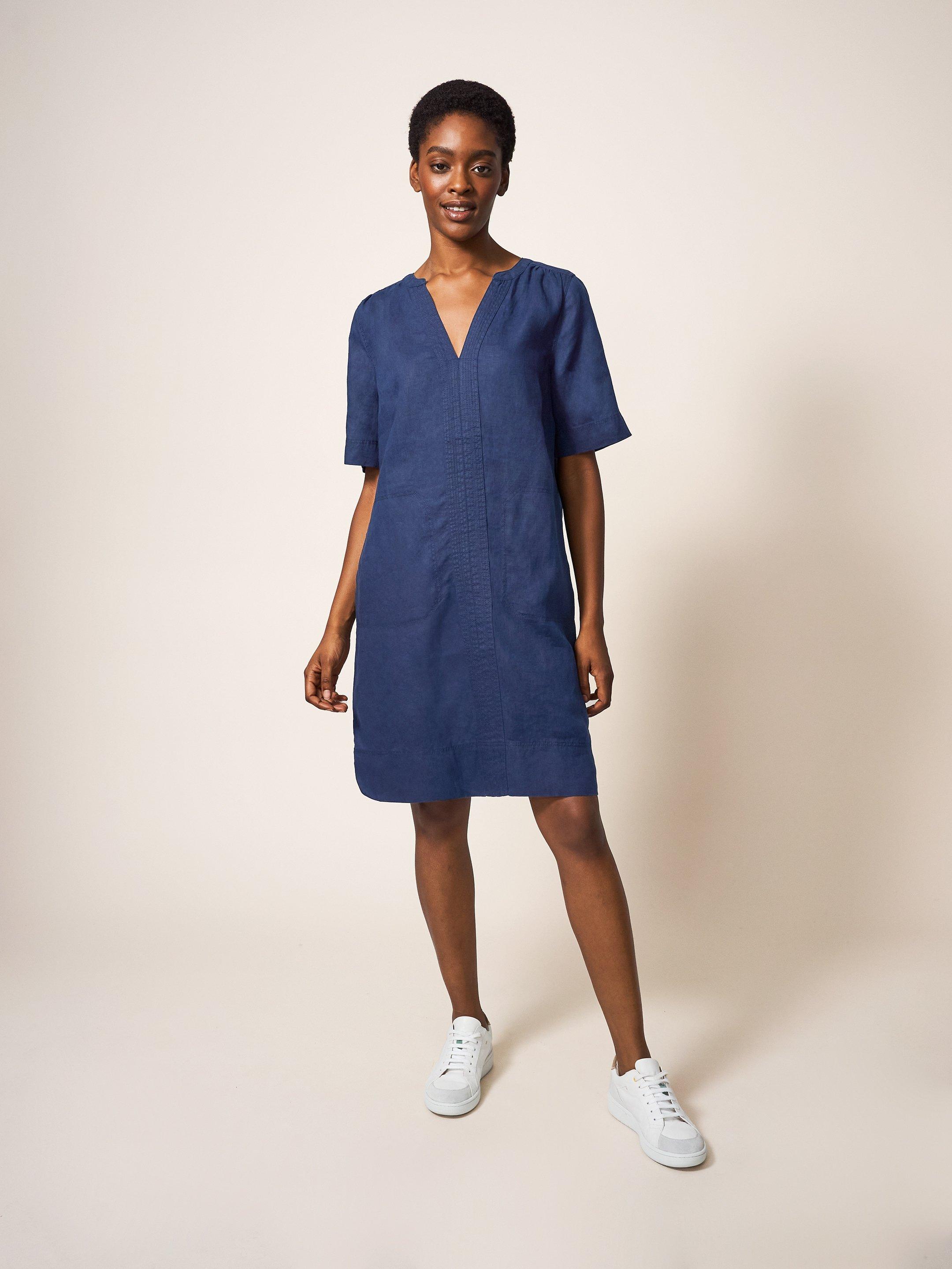 June Linen Shift Dress in DARK NAVY - MODEL FRONT