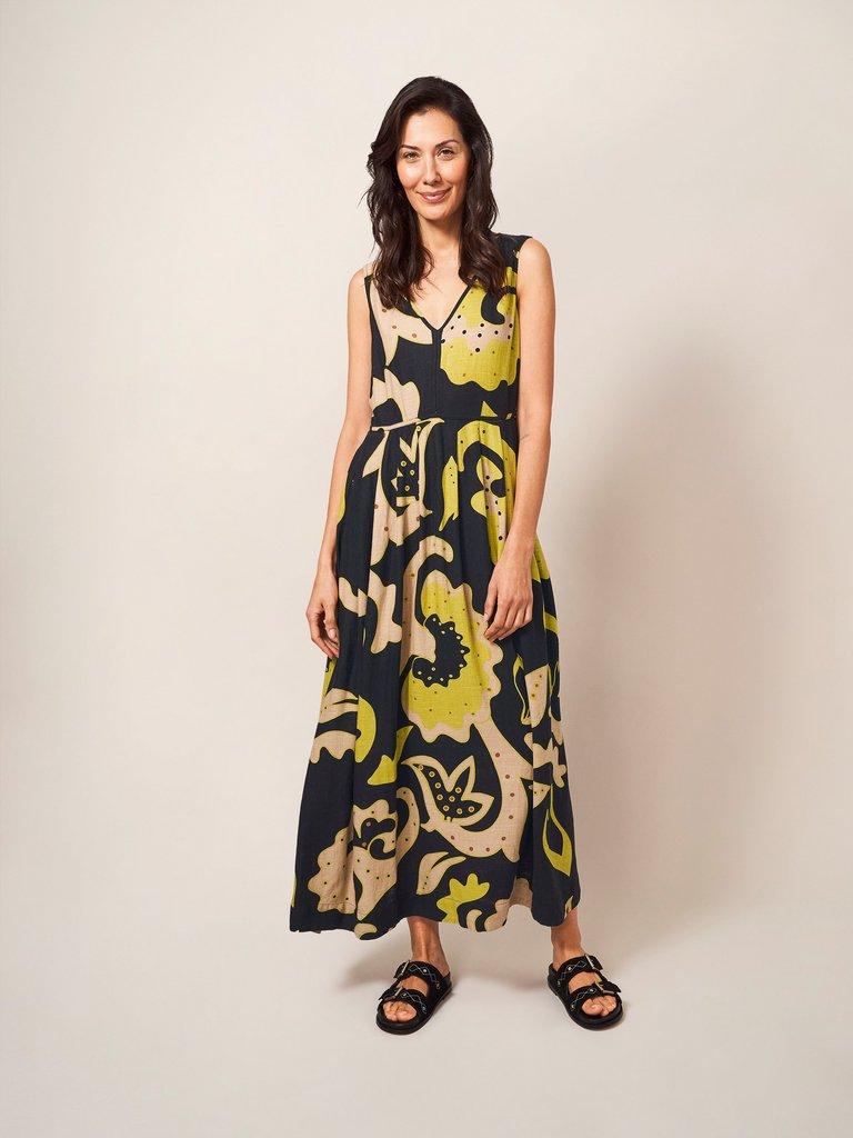 Gigi Linen Maxi Dress in BLK MLT - MODEL FRONT