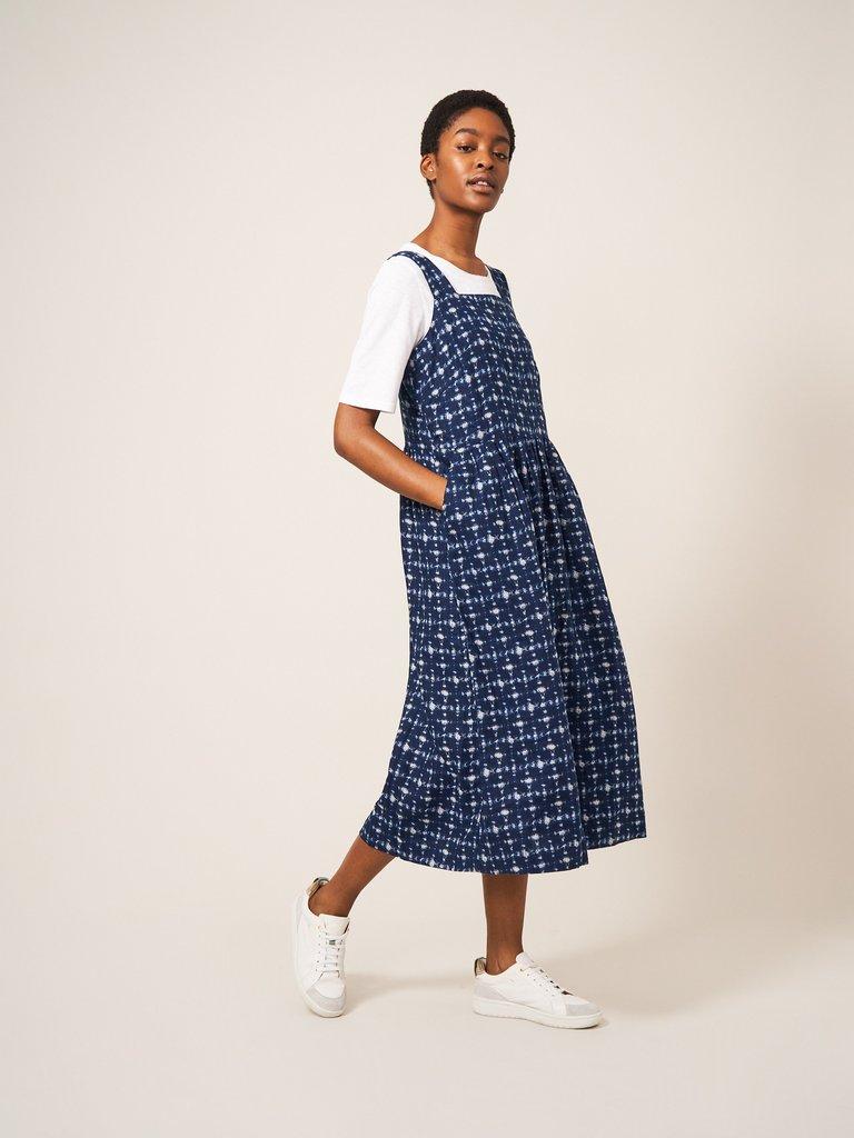 Hazel Linen Dress in NAVY MULTI - MODEL FRONT