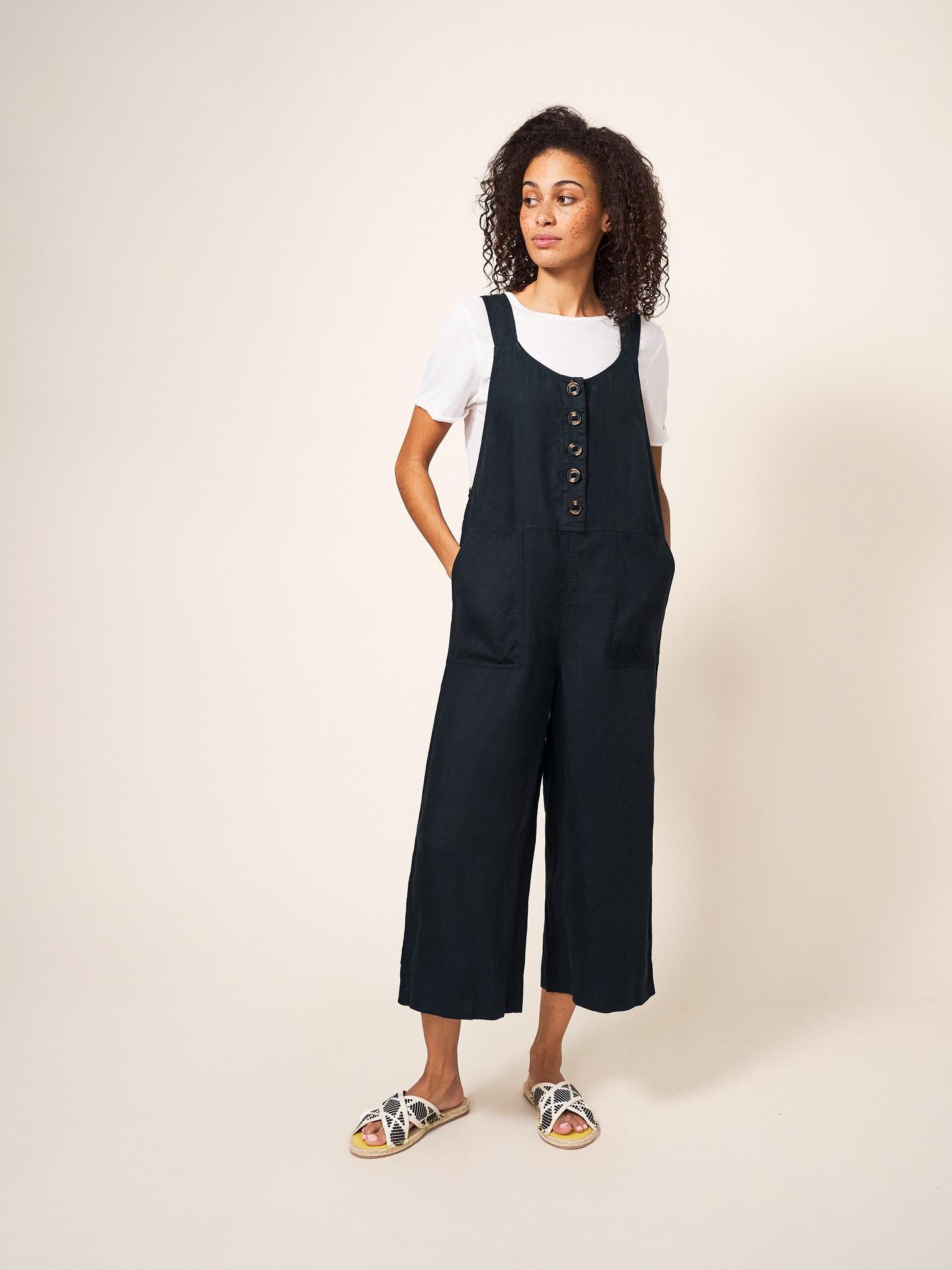 Viola Linen Dungaree in PURE BLK - LIFESTYLE