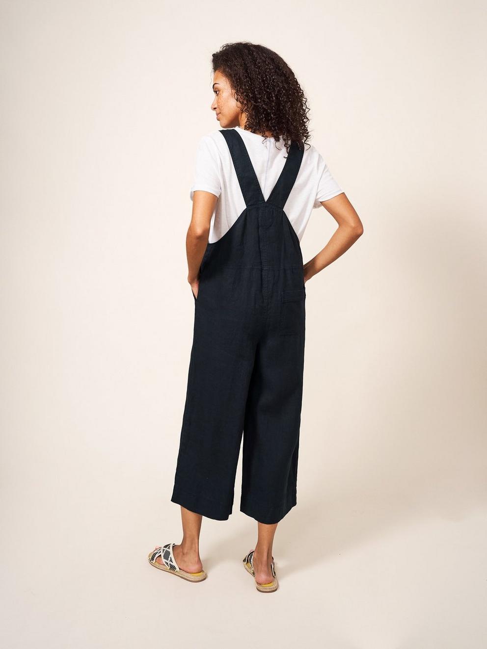Viola Dungaree Linen in PURE BLK - MODEL BACK