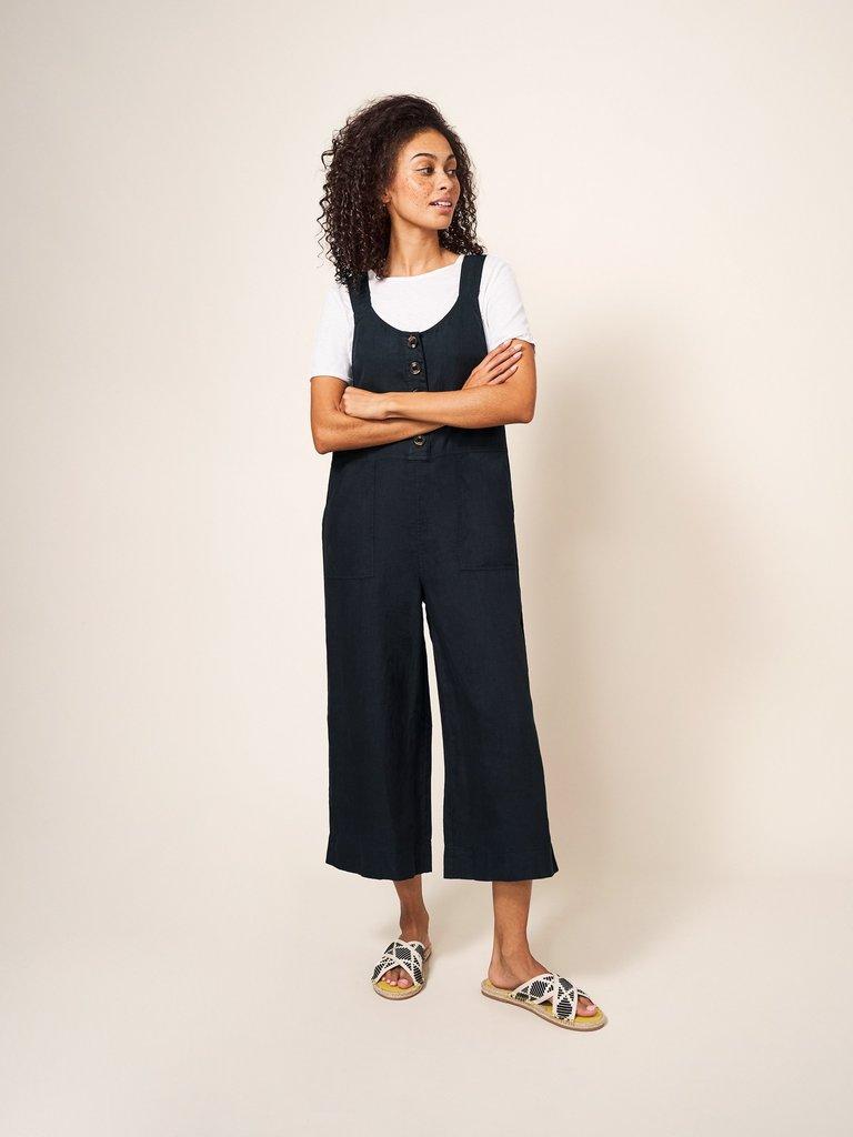 Viola Dungaree Linen in PURE BLK - MODEL FRONT
