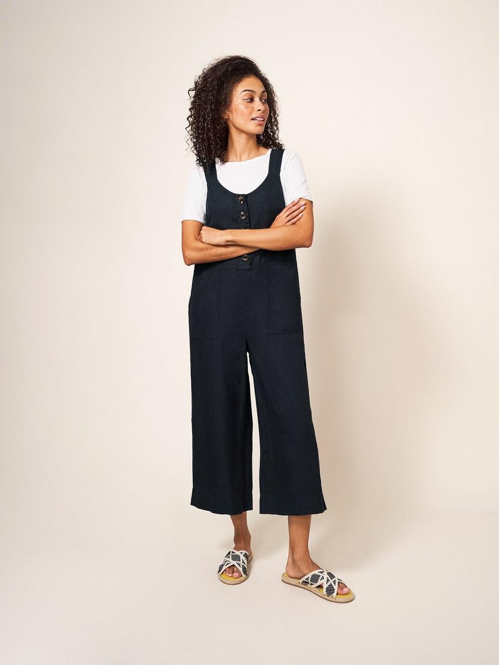Viola Dungaree Linen in PURE BLK - MODEL FRONT