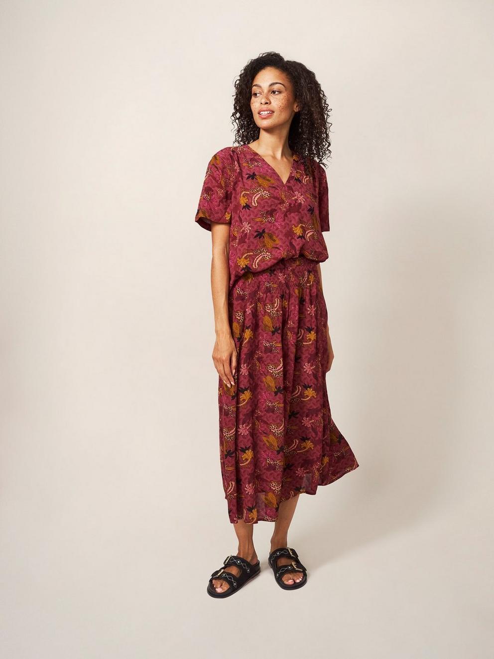 Aubree Midi Skirt in PLUM MLT - MODEL FRONT