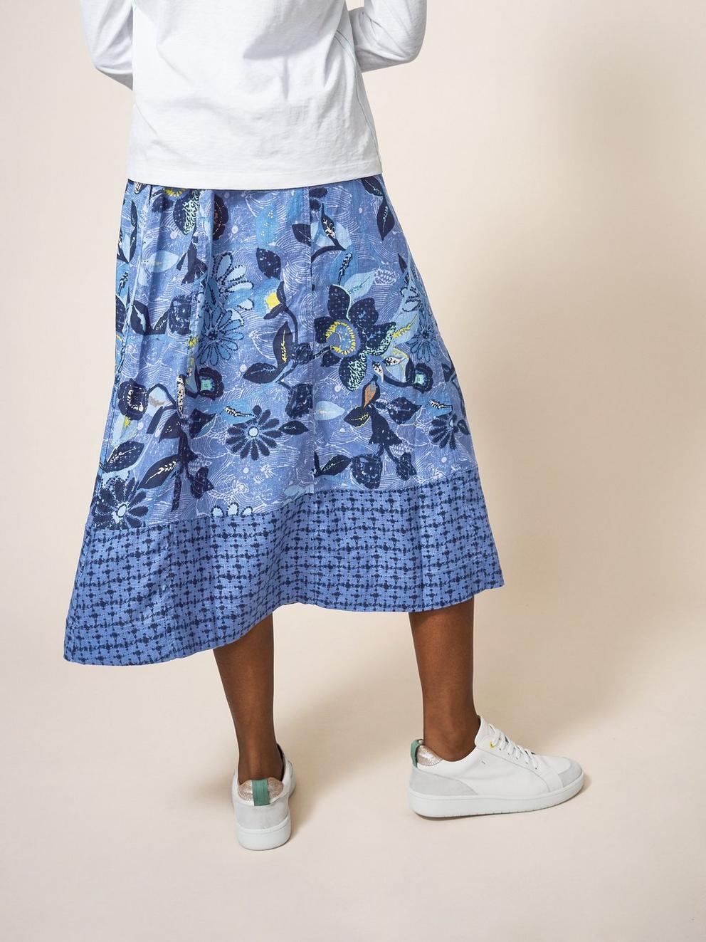 Ciara Linen Skirt in BLUE MLT - MODEL BACK