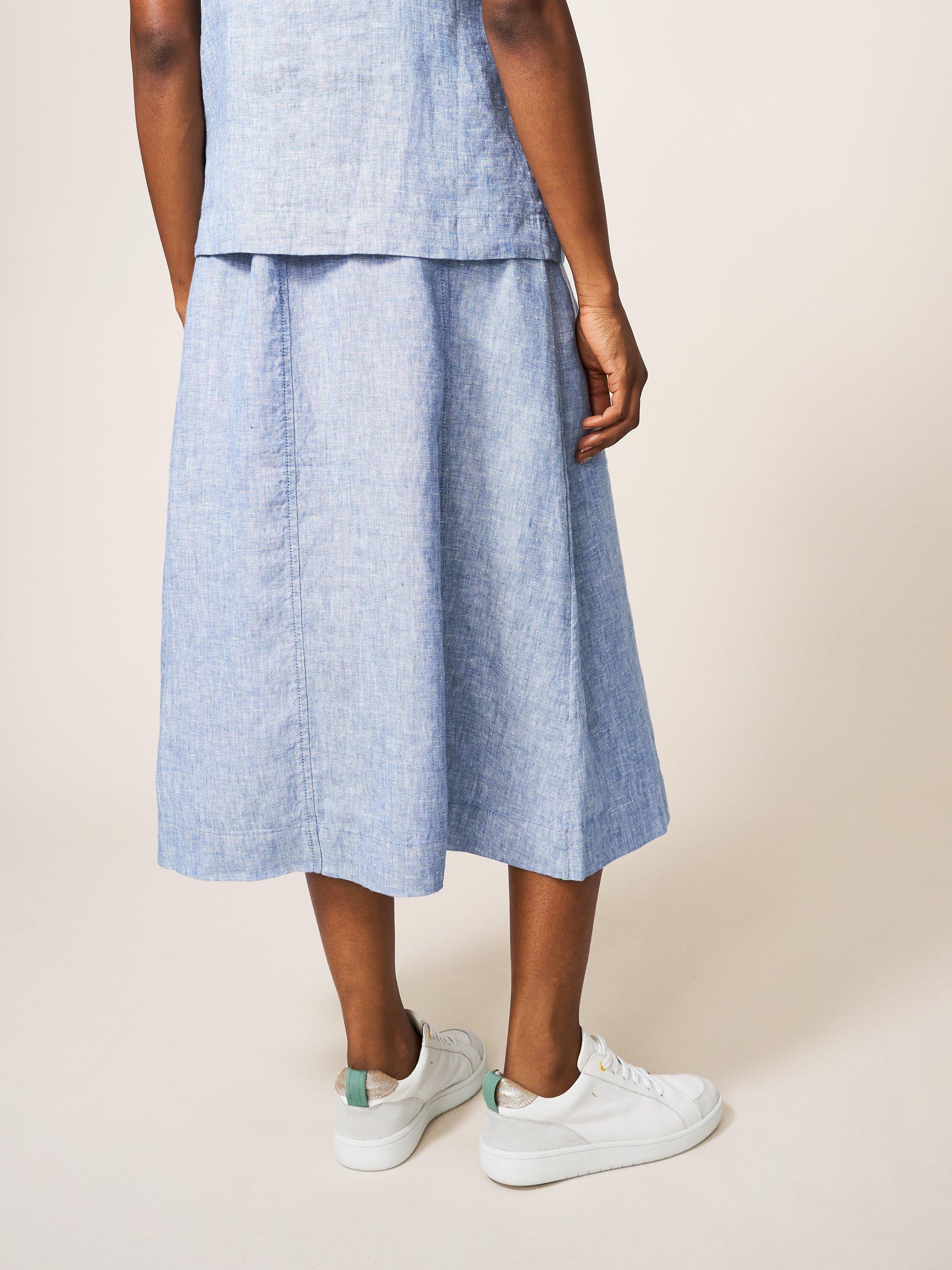 Ciara Linen Skirt in CHAMB BLUE - MODEL BACK
