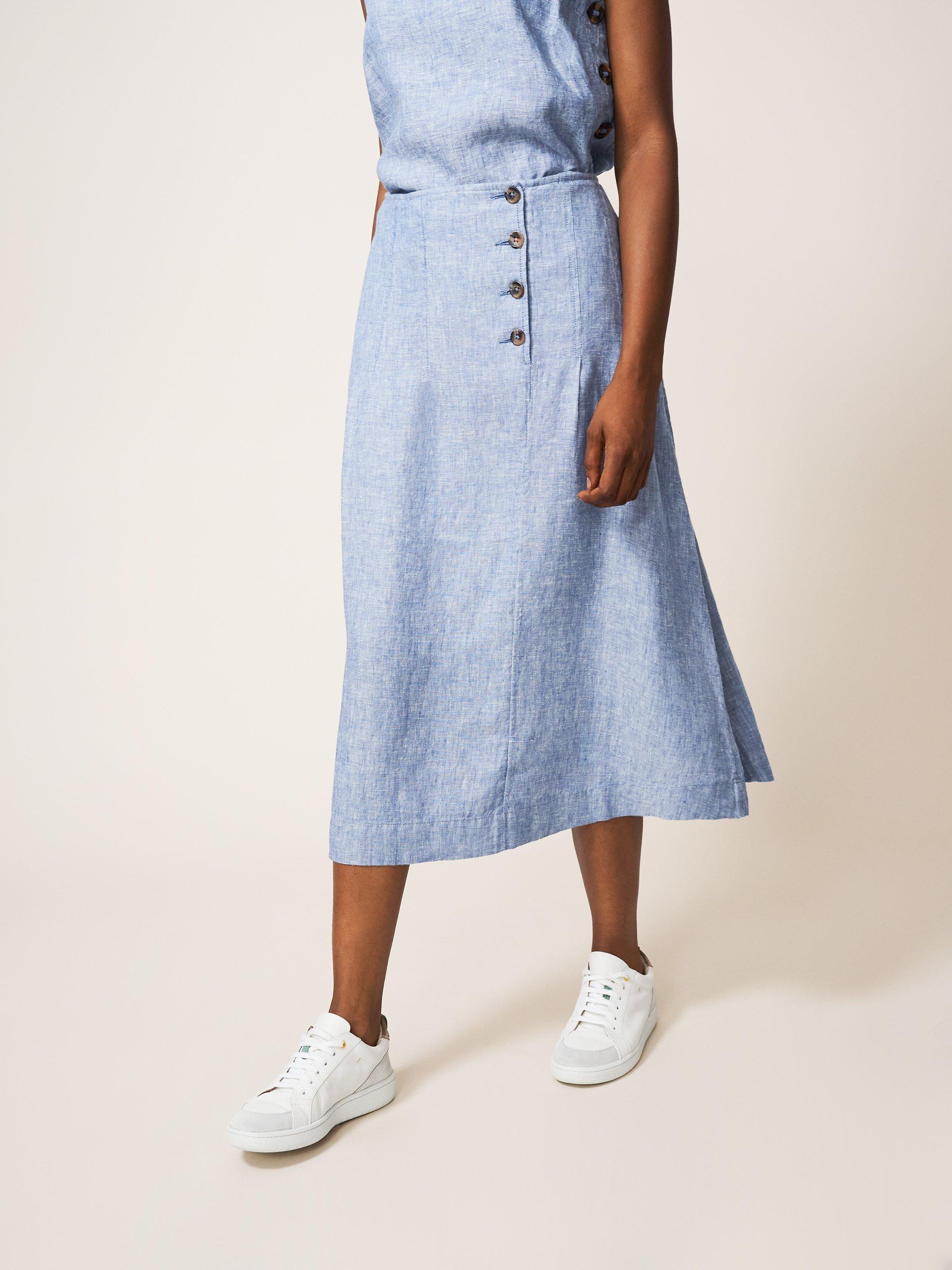 Ciara Linen Skirt in CHAMB BLUE - MODEL FRONT
