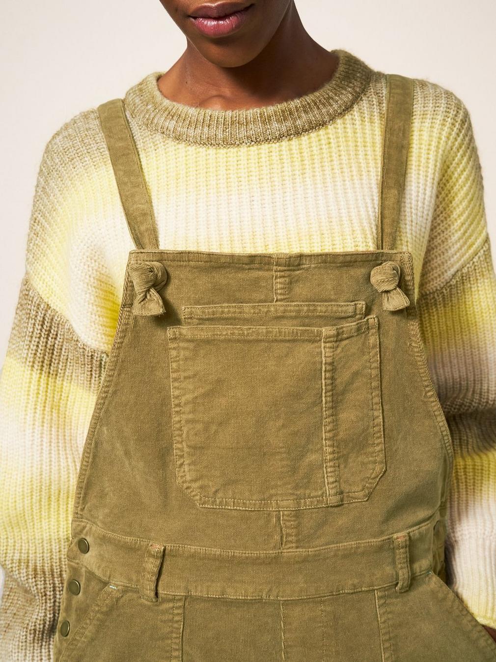 Ella Cord Dungaree in KHAKI GRN - MODEL DETAIL