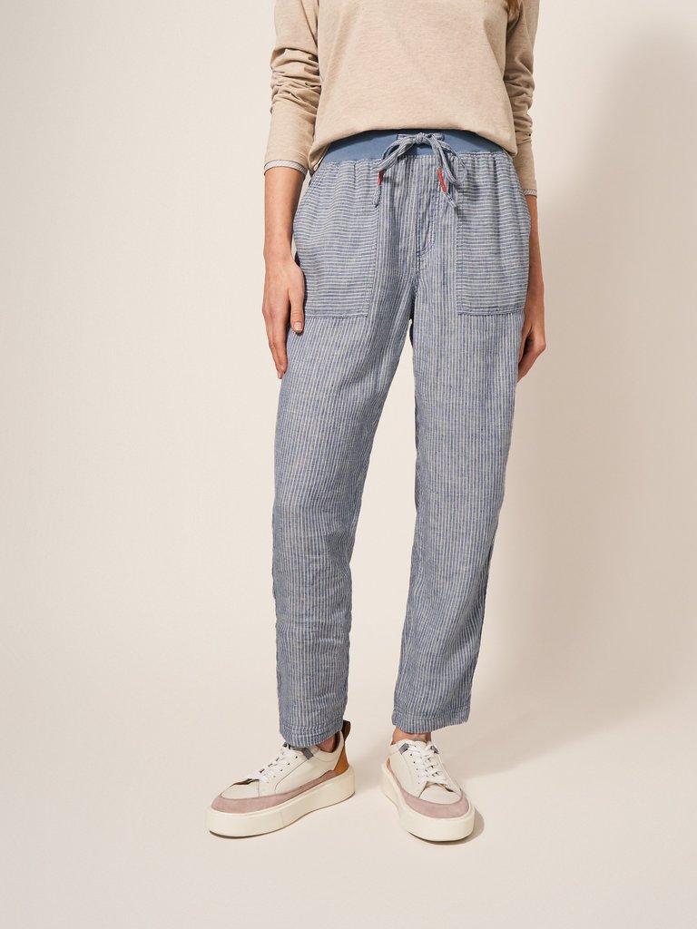 Effie Linen Trouser in BLUE MLT - MODEL FRONT