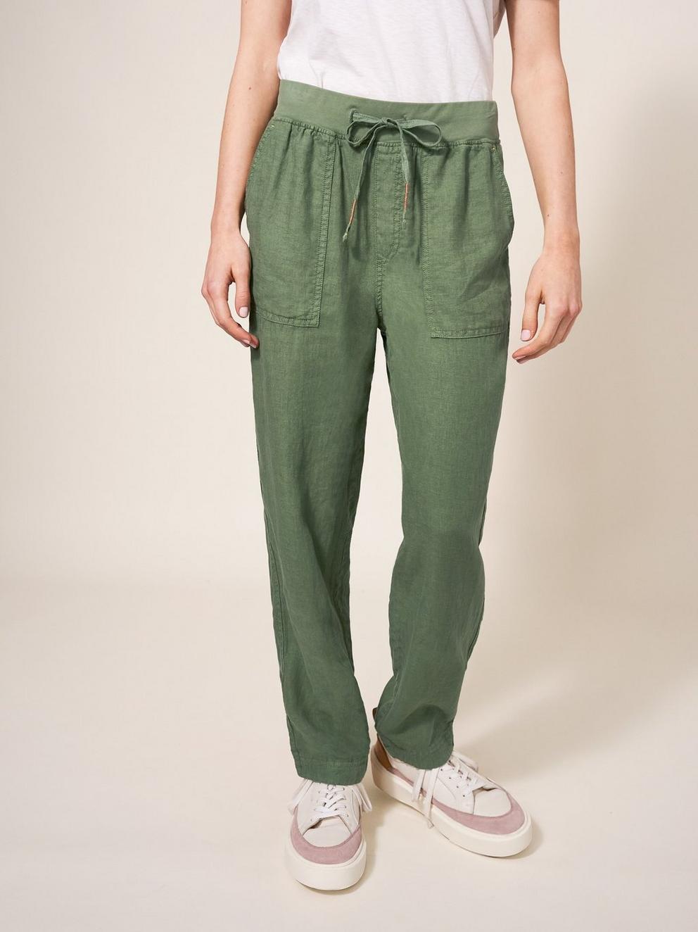 Effie Linen Trouser in KHAKI GRN - MODEL FRONT