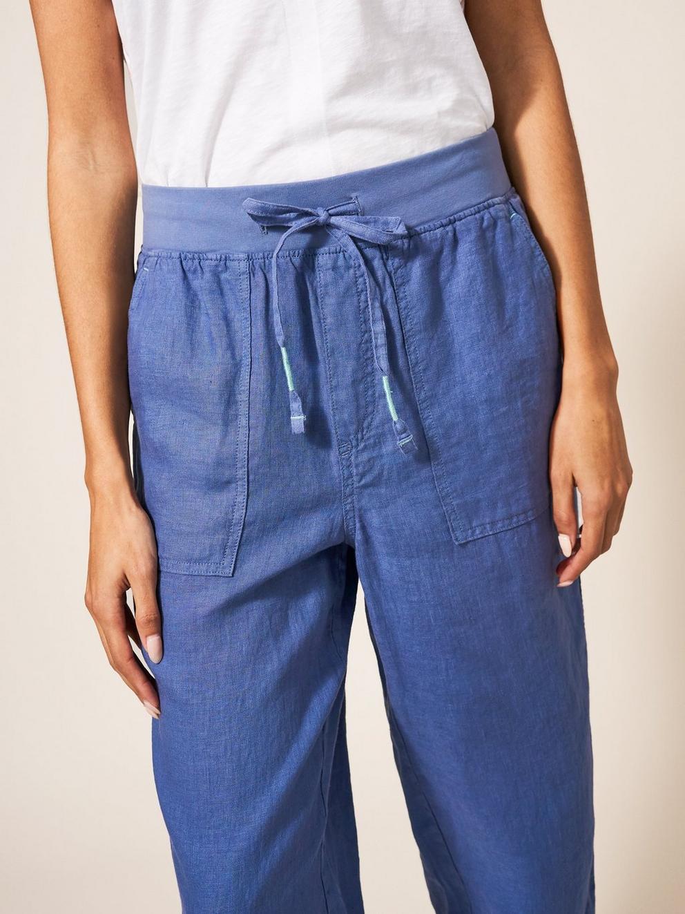 Effie Linen Trouser in MID BLUE - MODEL DETAIL