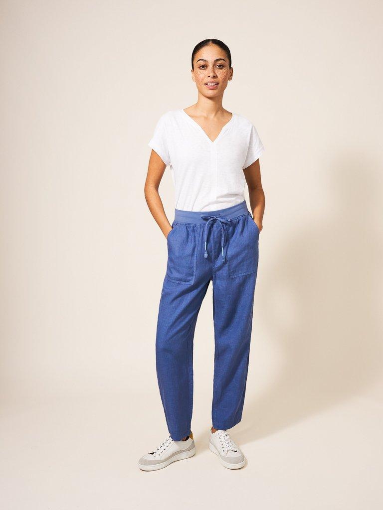 Effie Linen Trouser in MID BLUE - MODEL FRONT