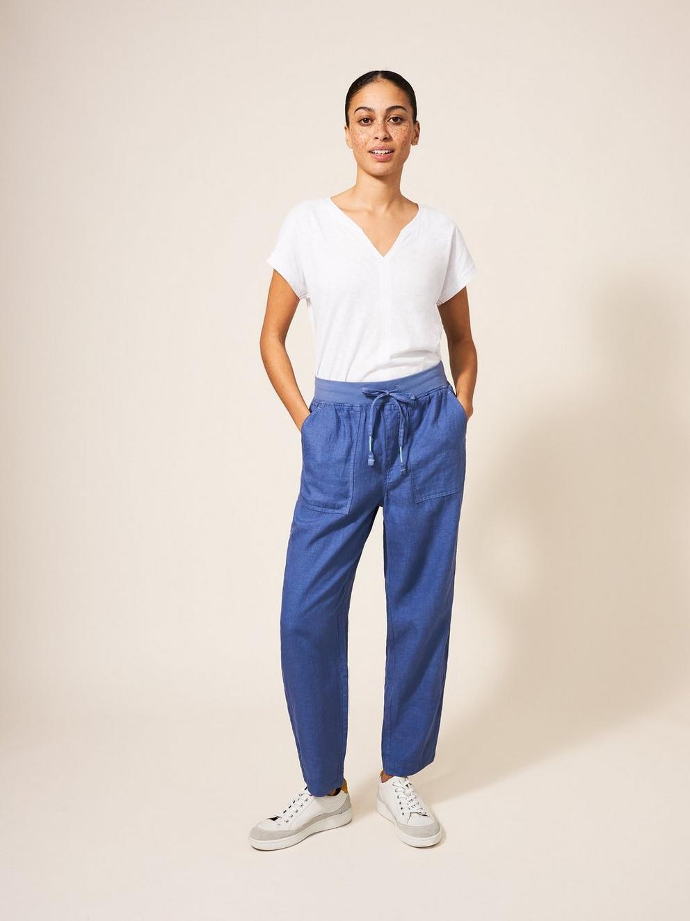 Effie Linen Trouser in MID BLUE - MODEL FRONT