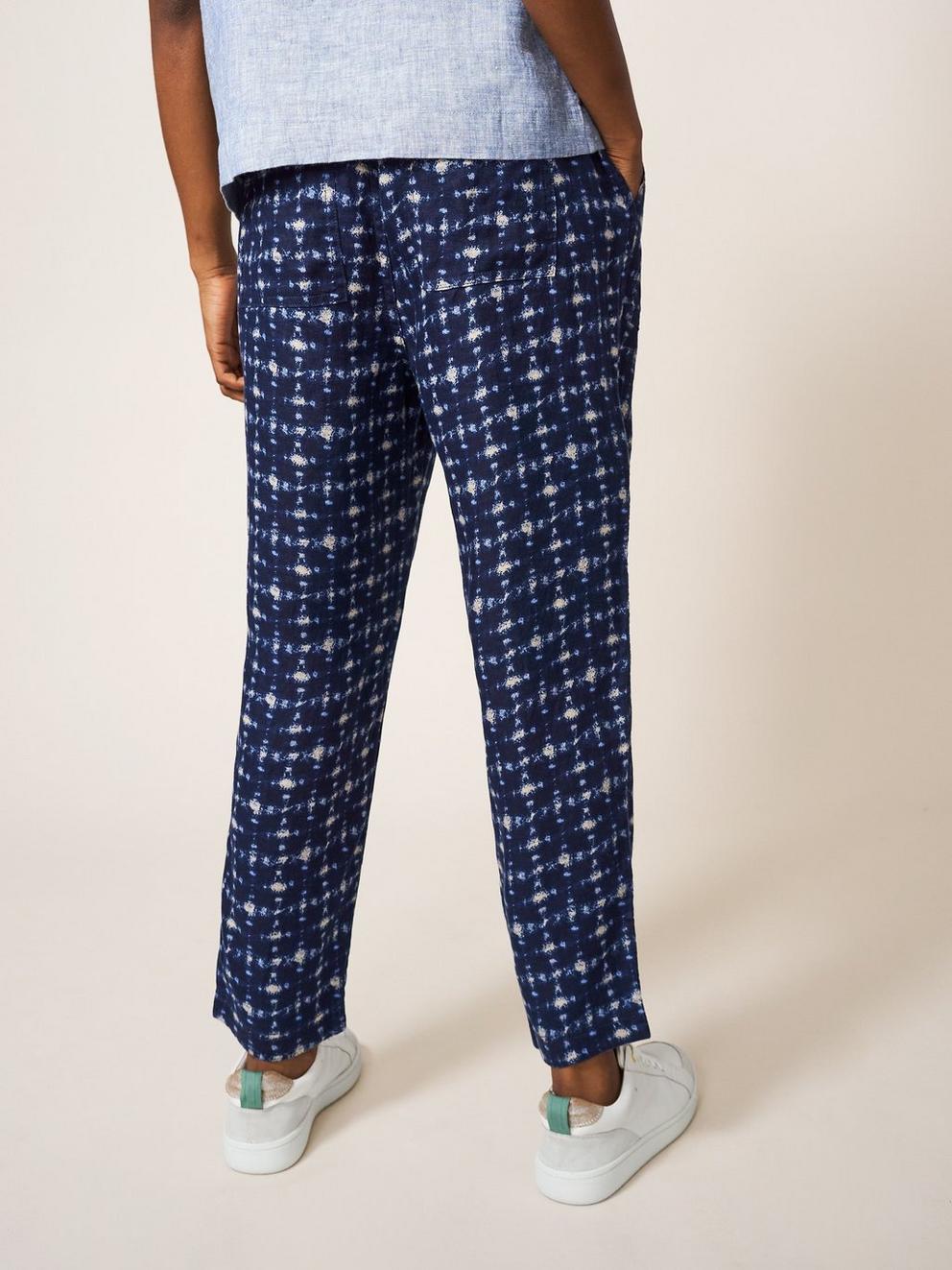 Effie Linen Trouser in NAVY MULTI - MODEL BACK