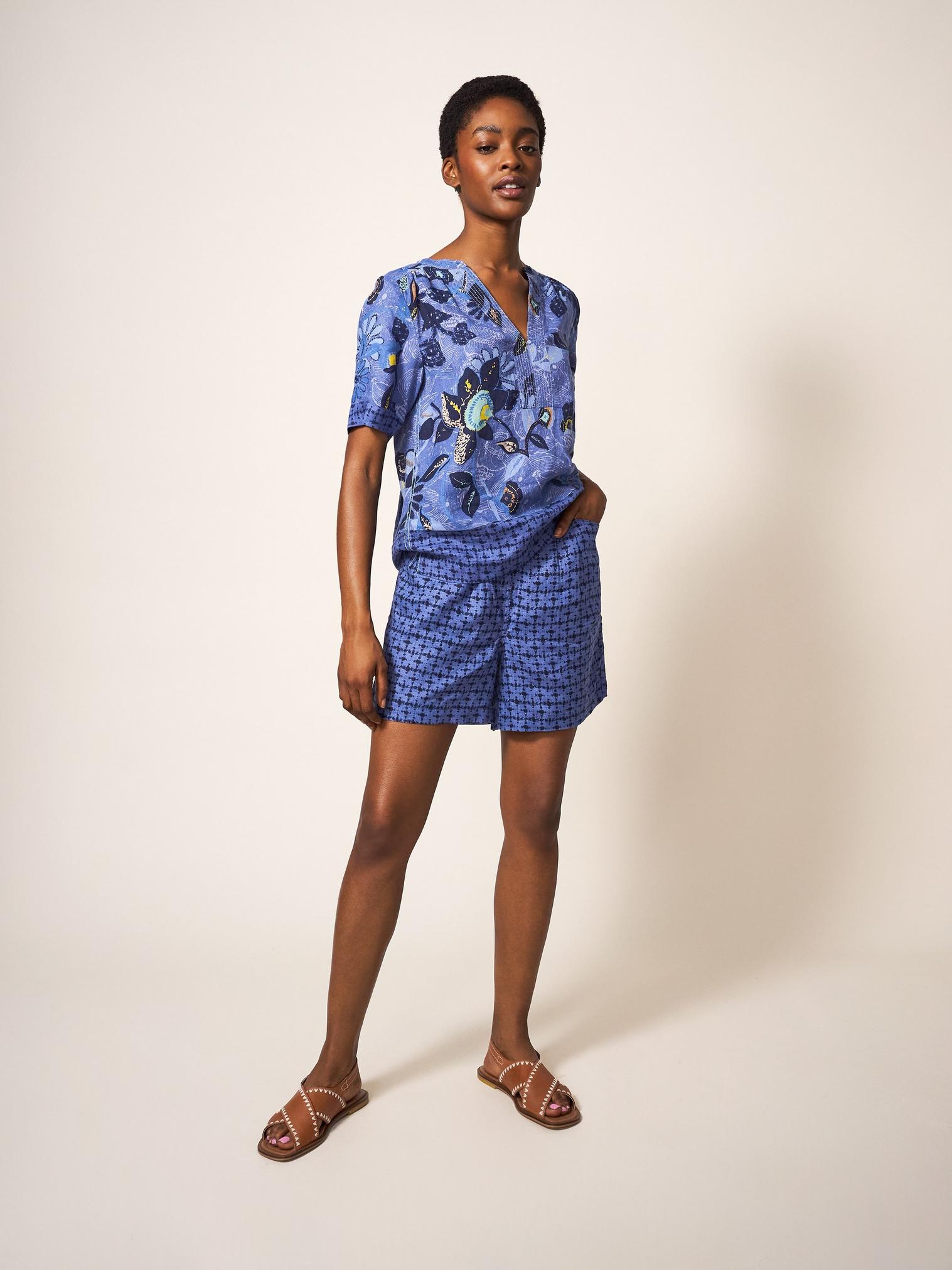 Rowena Linen Short in BLUE MLT - LIFESTYLE