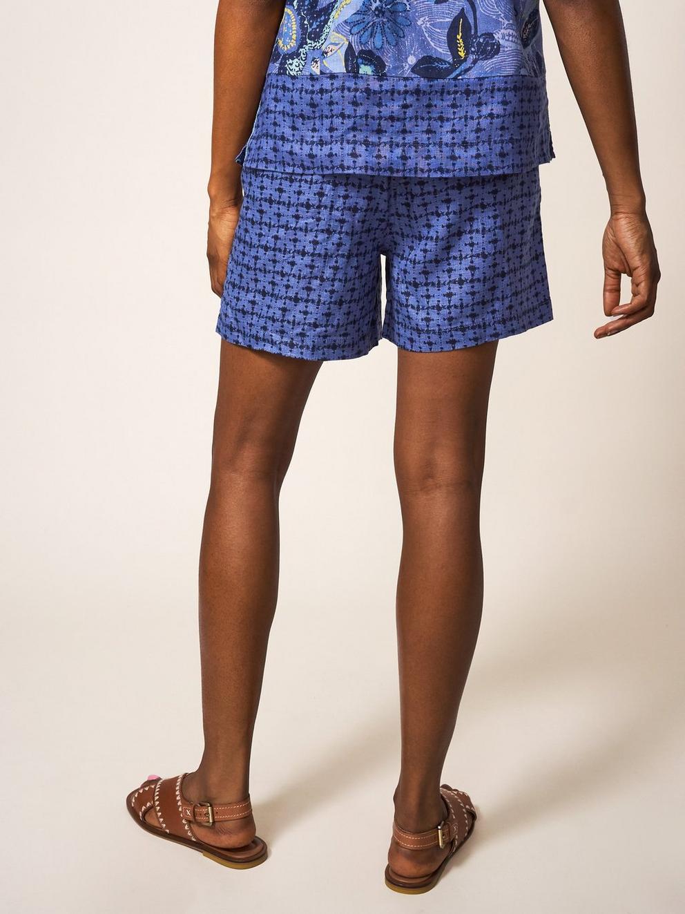 Rowena Linen Short in BLUE MLT - MODEL BACK