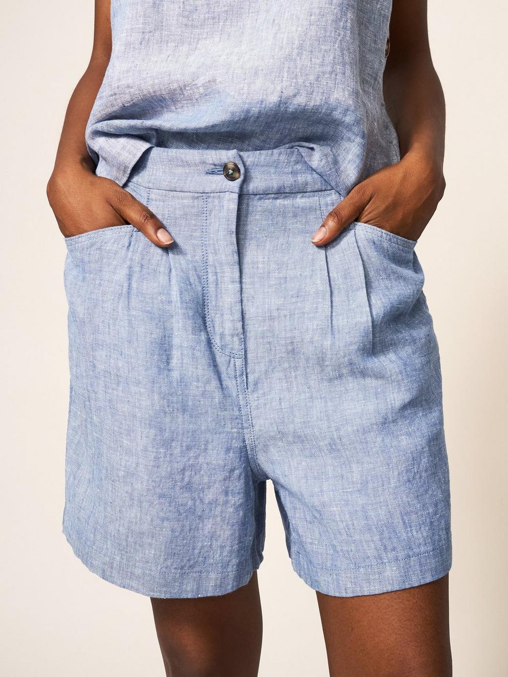 Rowena Linen Short in CHAMB BLUE - MODEL DETAIL