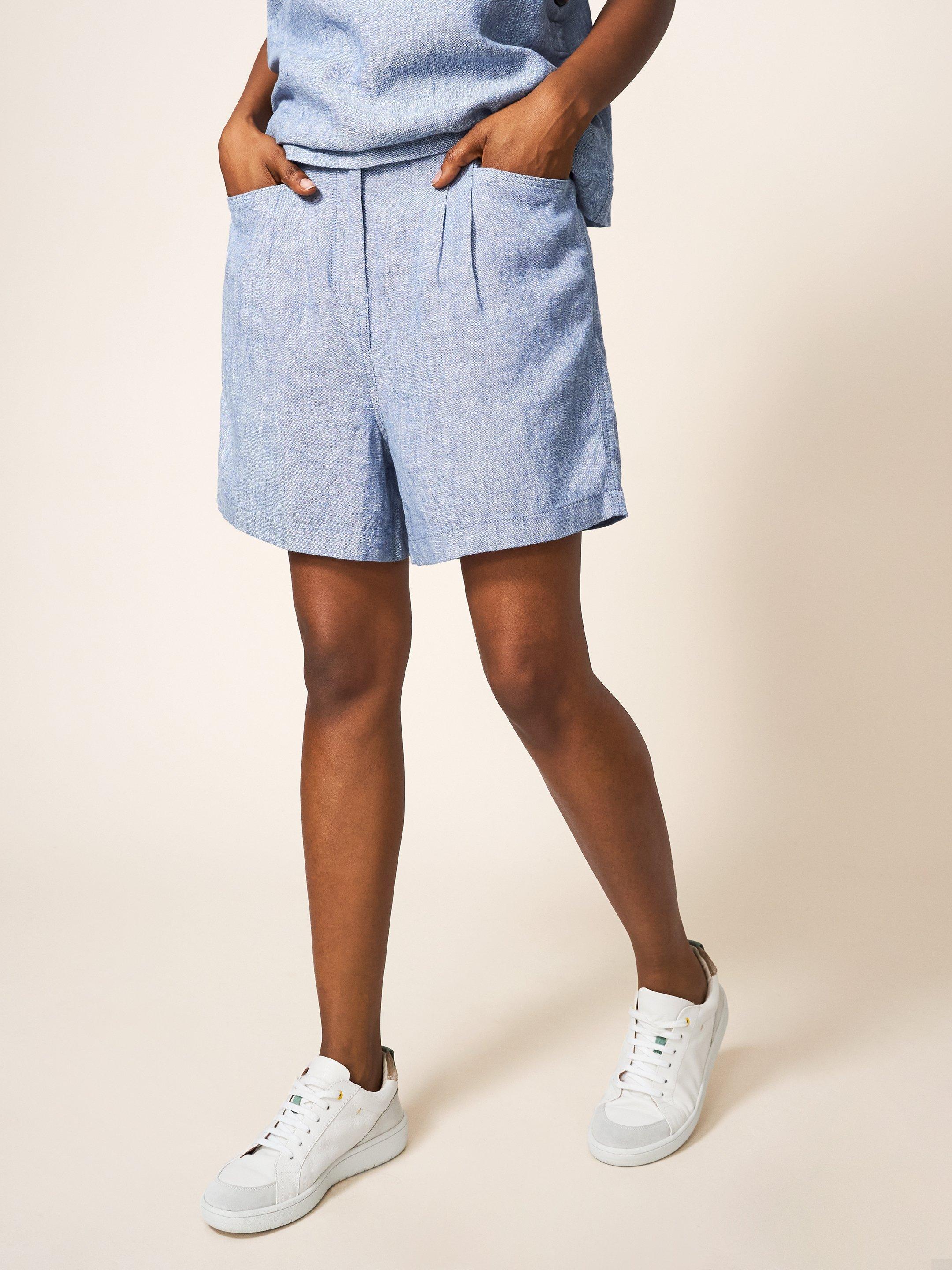 Rowena Linen Short in CHAMB BLUE - MODEL FRONT