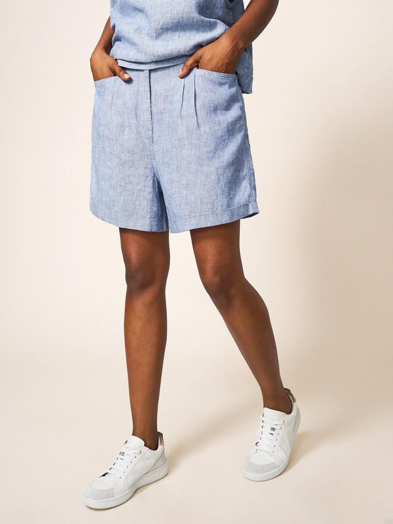 Rowena Linen Short in CHAMB BLUE - MODEL FRONT