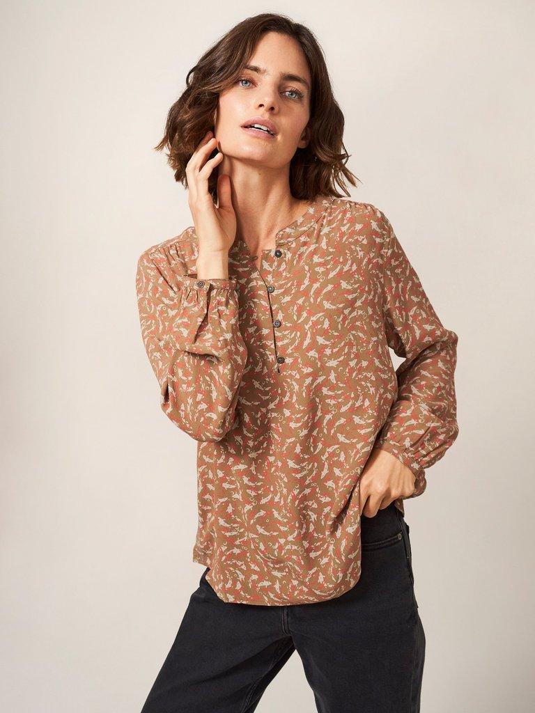 Mila Top in TAN MULTI - MODEL FRONT