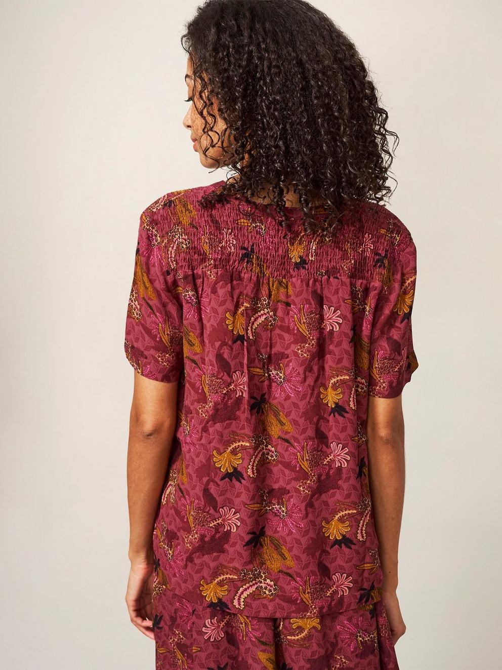 Elisa Short Sleeve Top in PLUM MLT - MODEL BACK