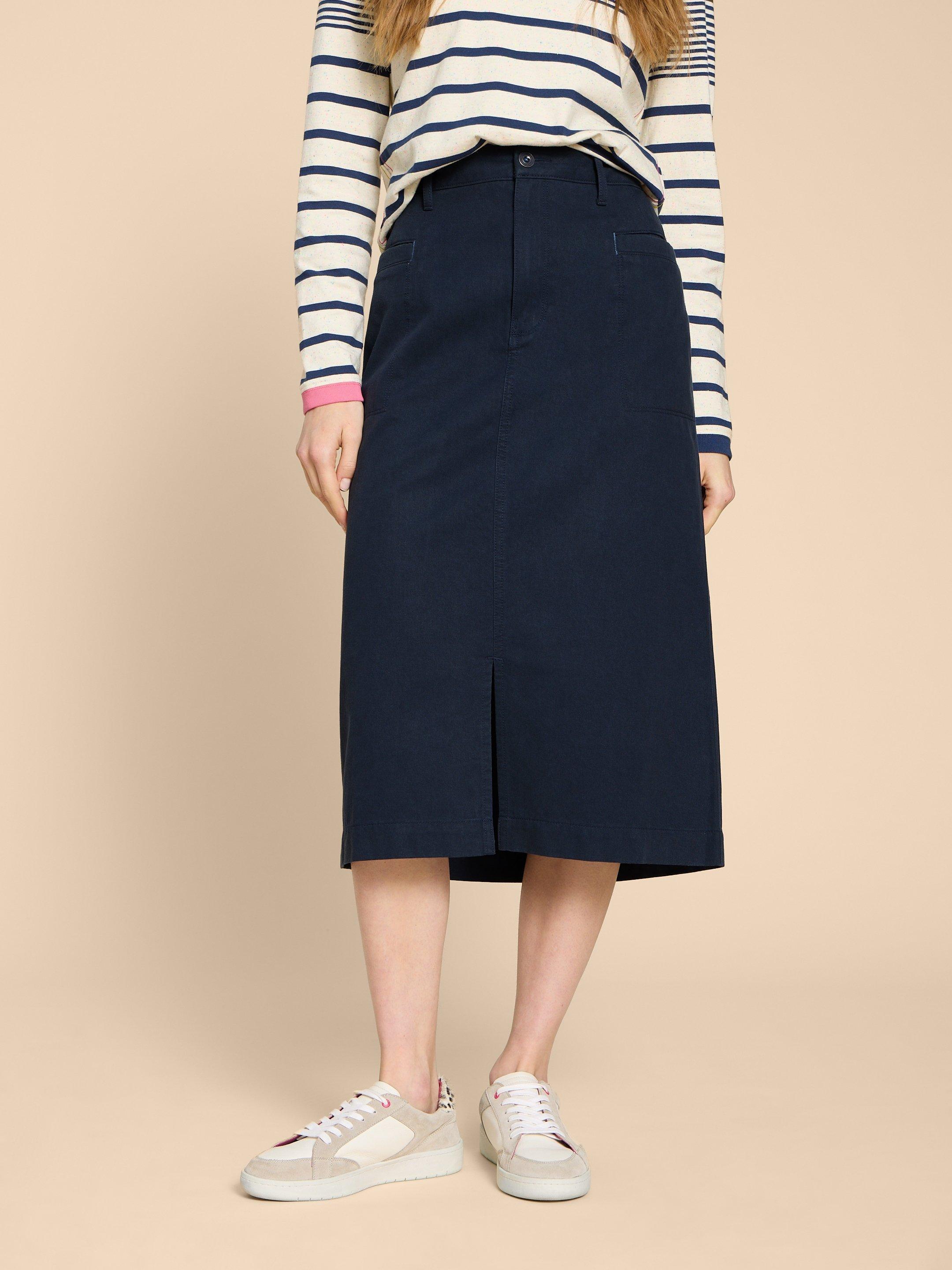 Penny Midi Skirt in DARK NAVY - MODEL FRONT