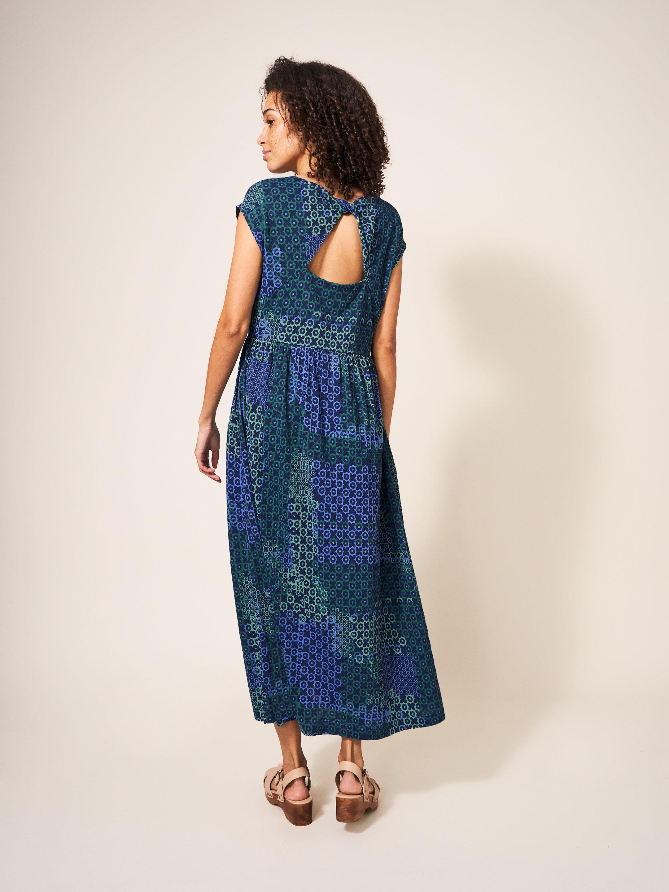 Addison Cotton Midi Dress in BLUE MLT - MODEL BACK