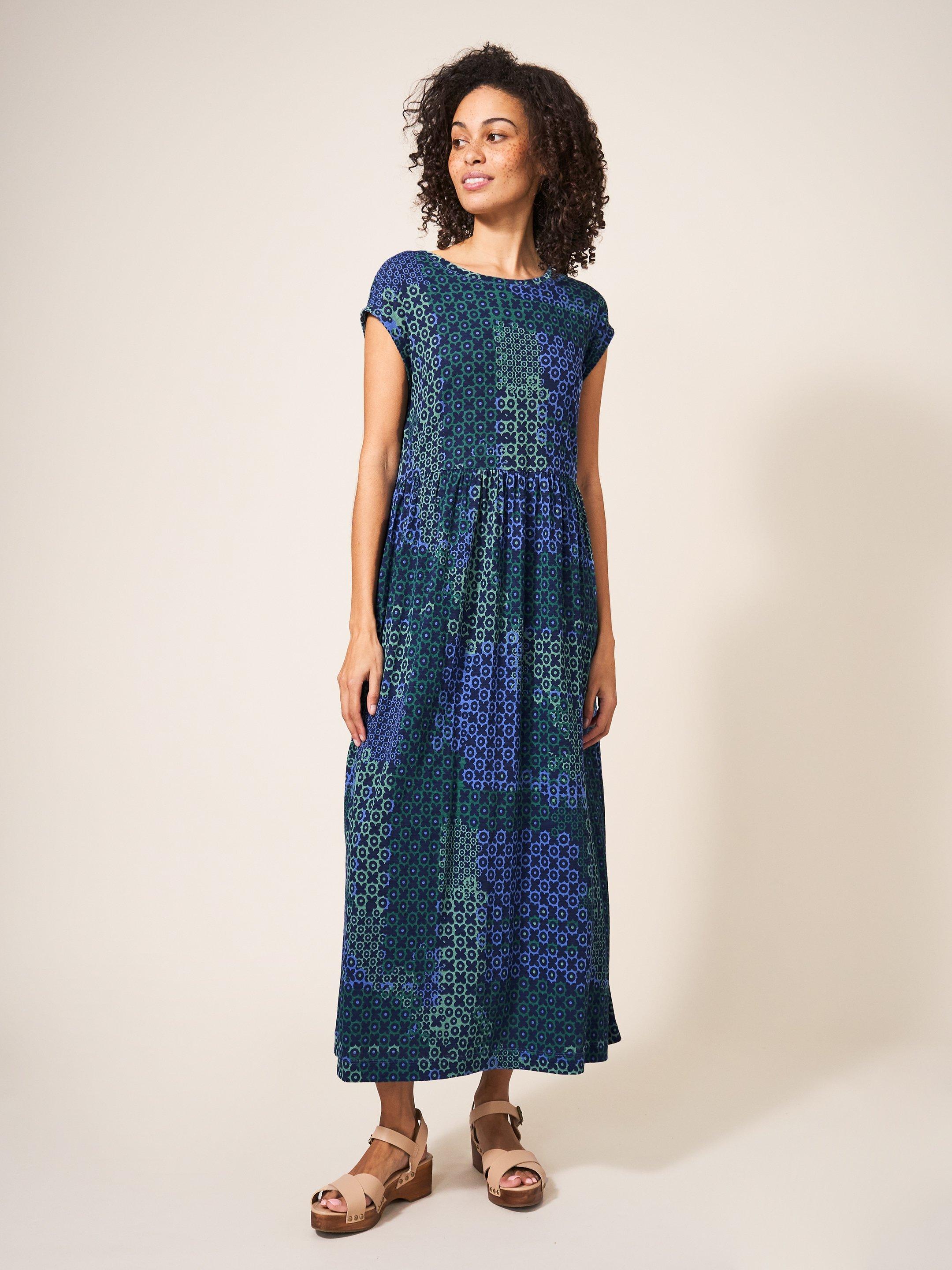 Addison Cotton Midi Dress in BLUE MLT - MODEL FRONT