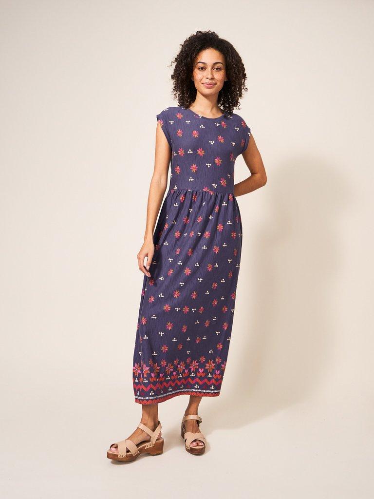 Addison Cotton Midi Dress in PURPLE MLT - MODEL FRONT