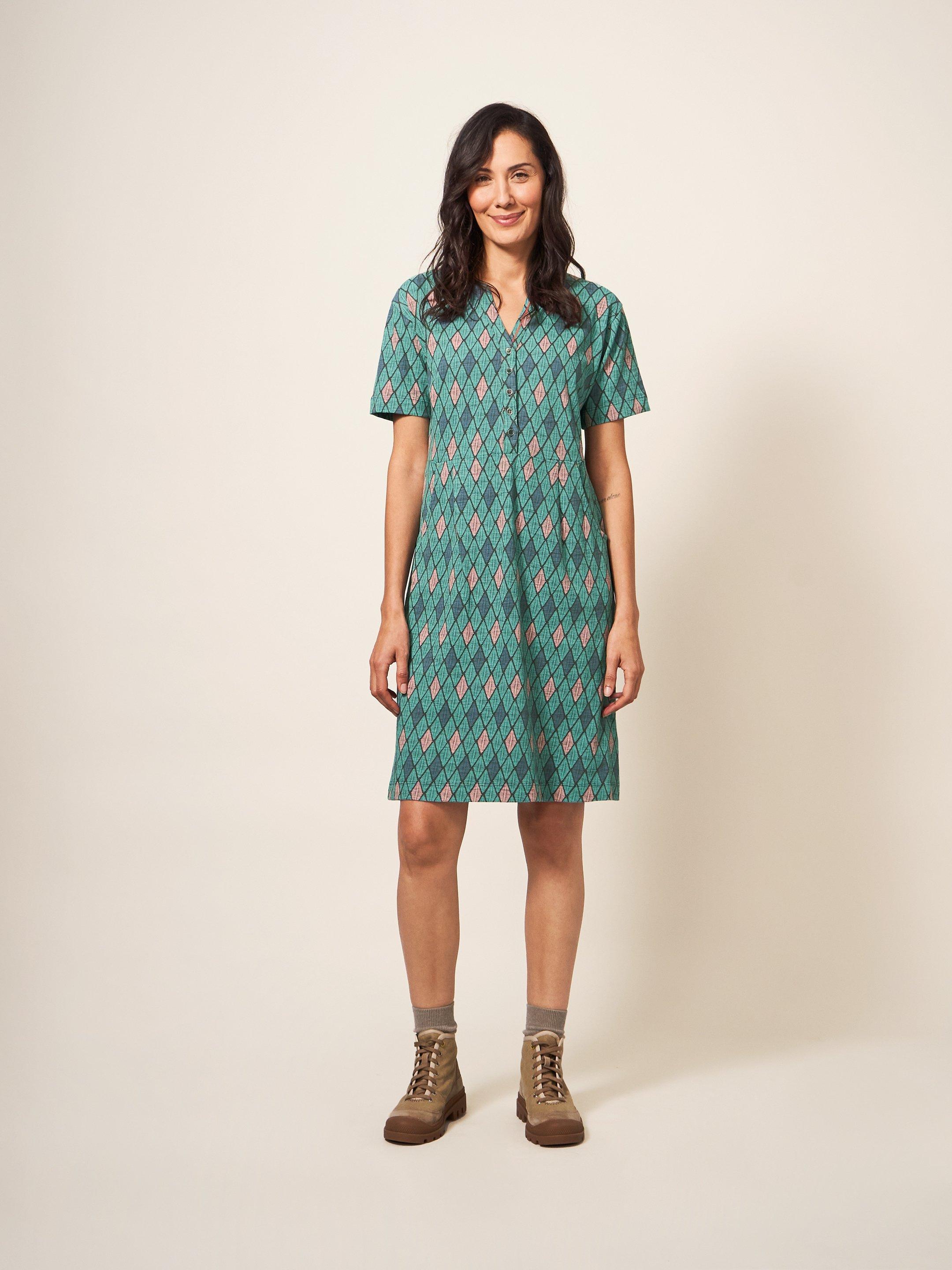 Tammy Cotton Jersey Dress in TEAL MLT - MODEL FRONT