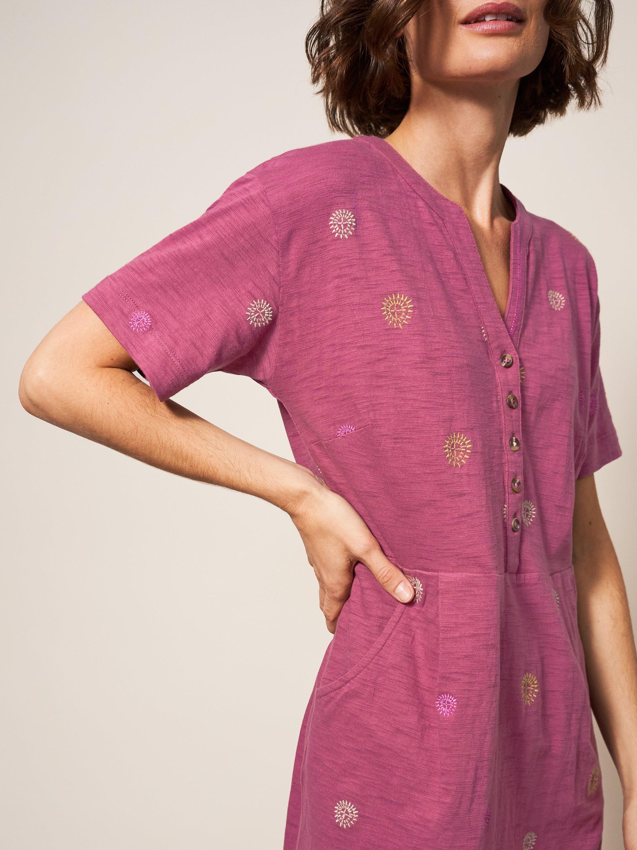 Tammy Embroidered Dress in PLUM MLT - MODEL DETAIL