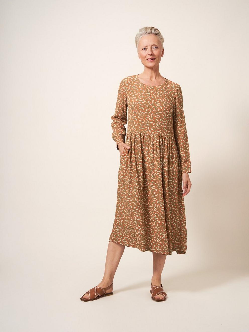 Elisa Dress in TAN MULTI - MODEL FRONT