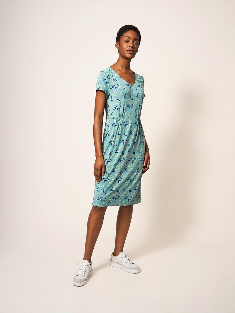 Tallie Jersey V Neck Dress in GREEN MLT - MODEL FRONT