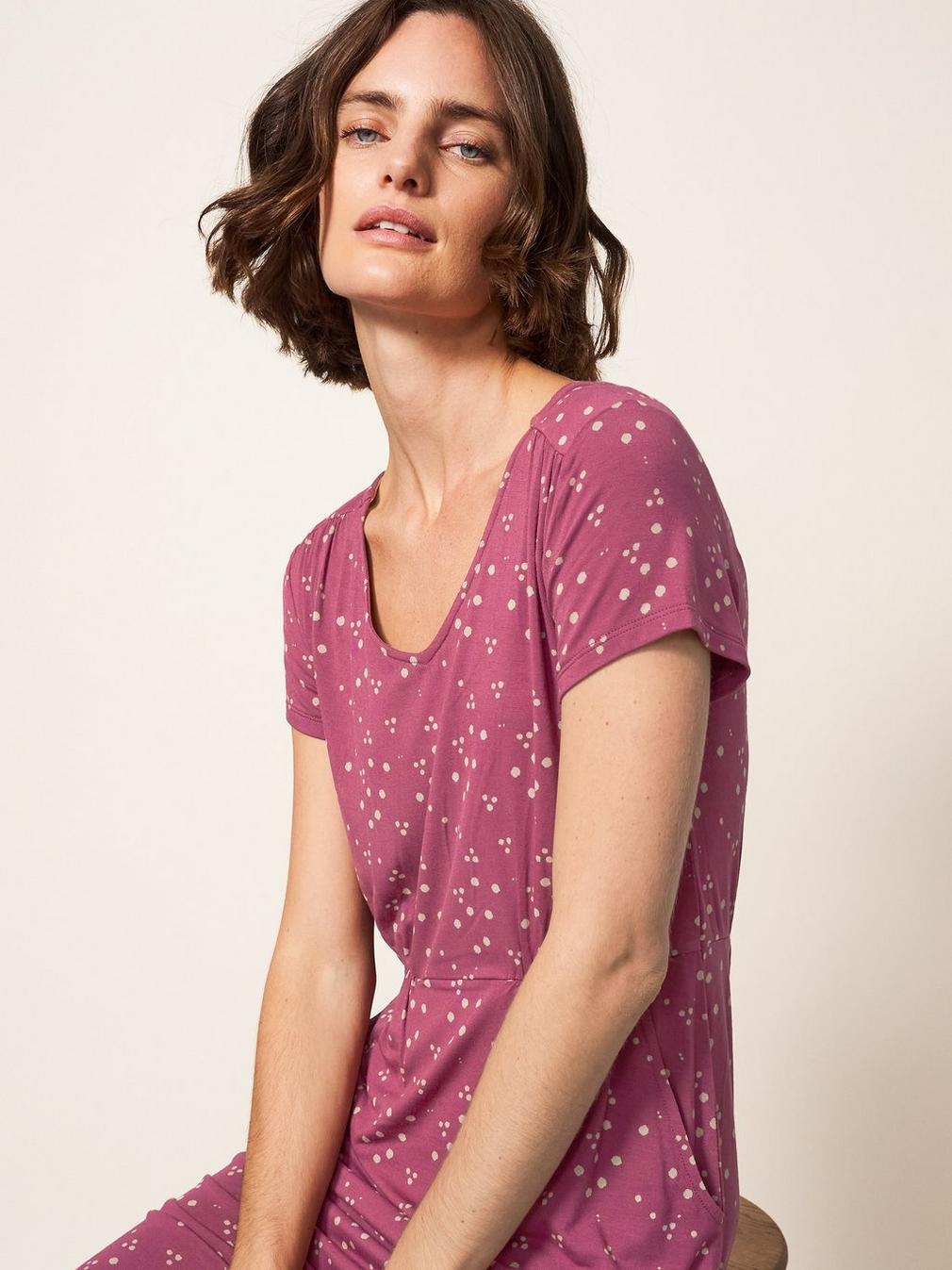 Tallie Jersey Dress in PLUM MLT - MODEL FRONT