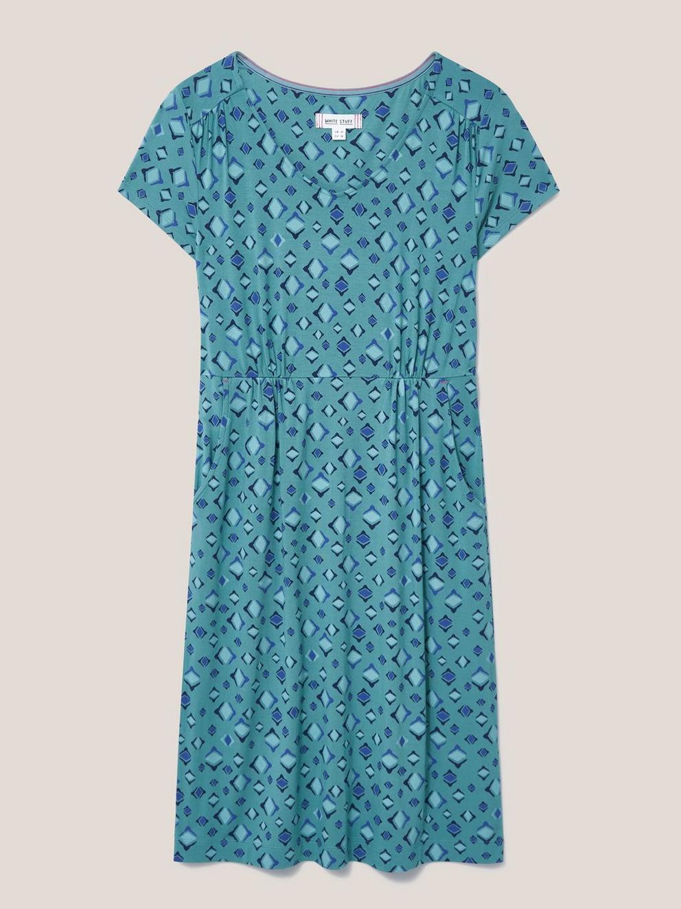 Tallie Jersey V Neck Dress in TEAL MLT - FLAT FRONT