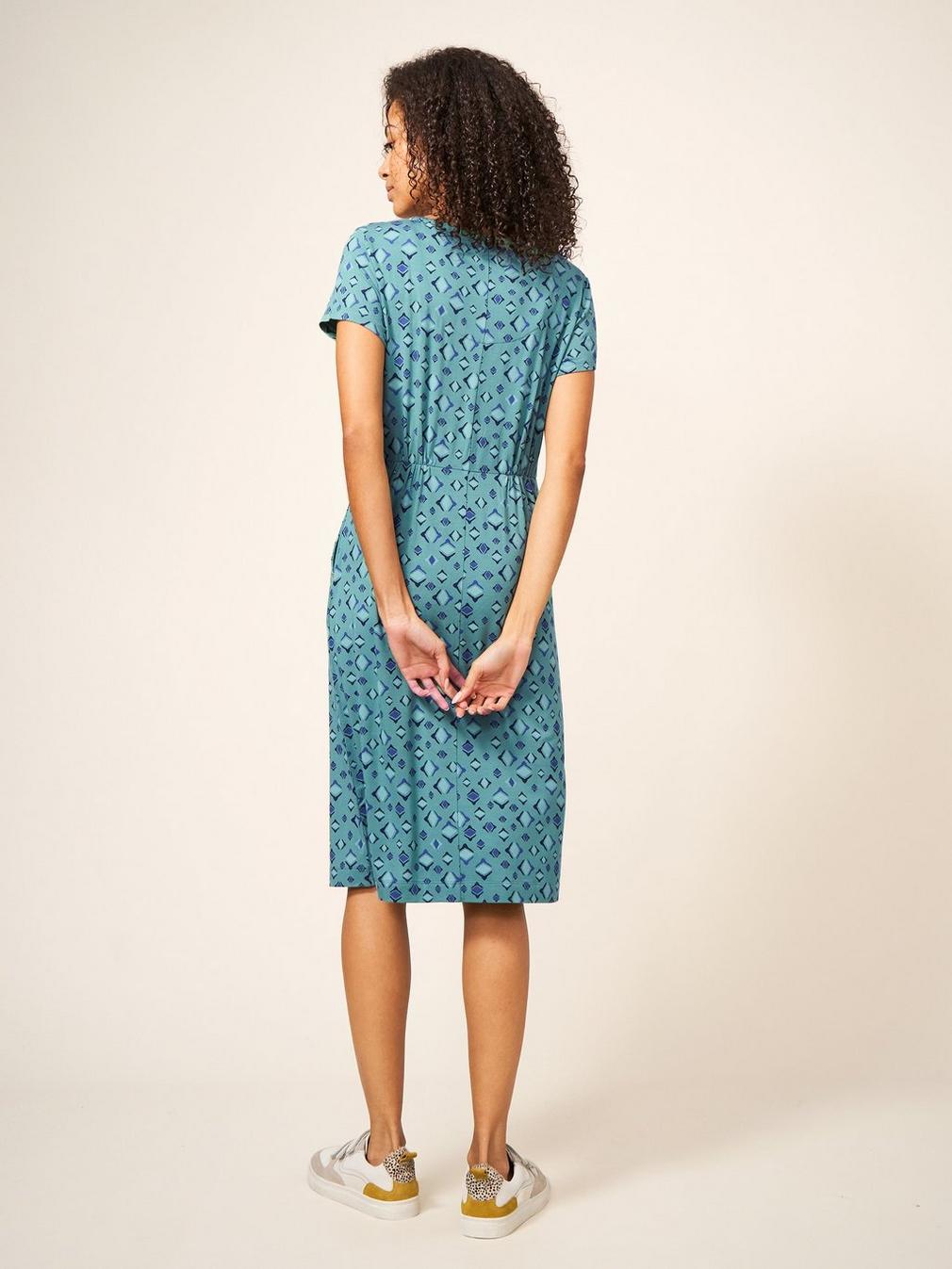 Tallie Jersey Dress in TEAL MLT - MODEL BACK