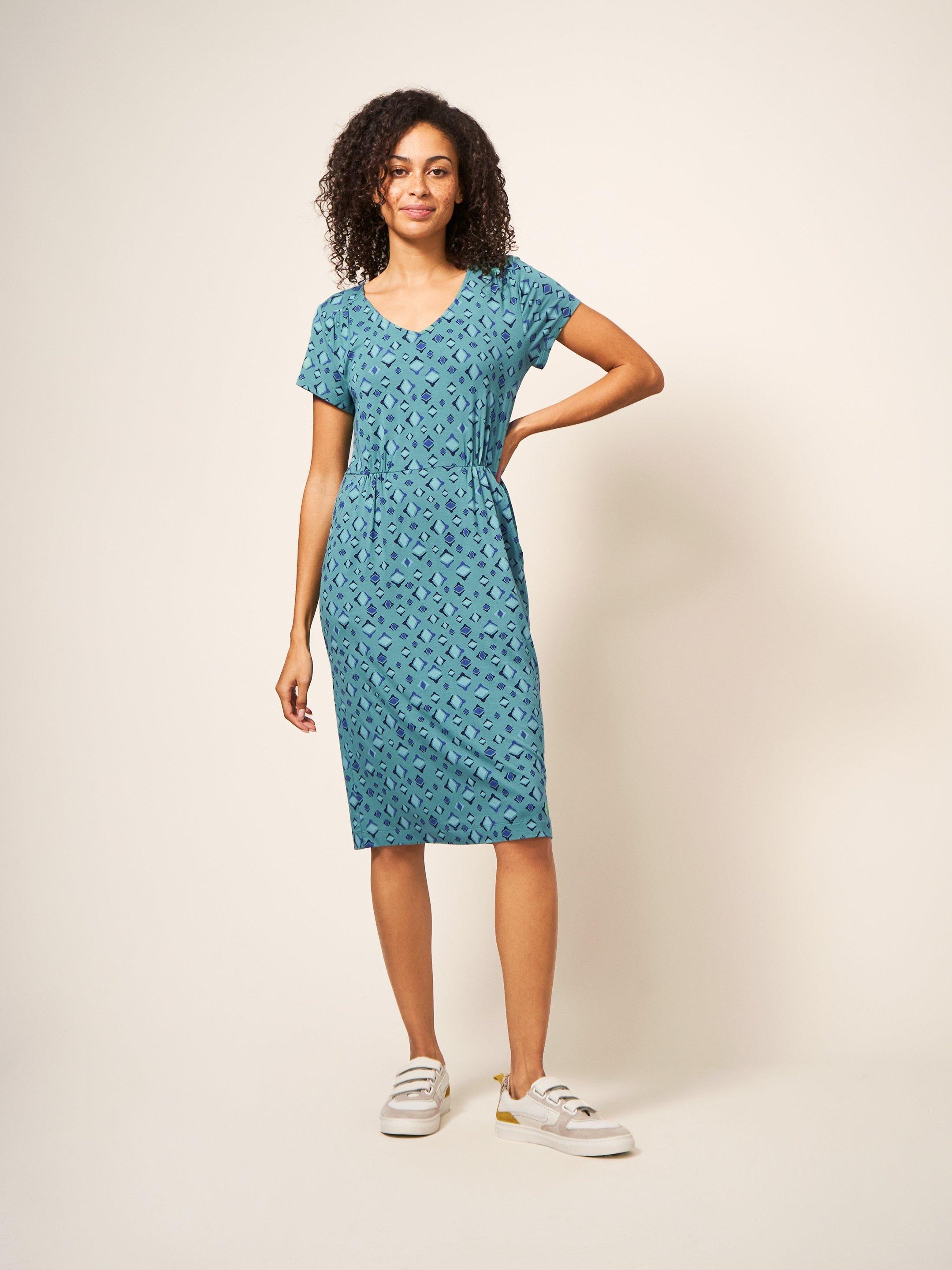 Tallie Jersey Dress in TEAL MLT - MODEL FRONT