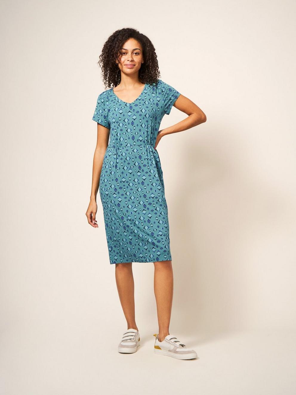 Tallie Jersey V Neck Dress in TEAL MLT - MODEL FRONT