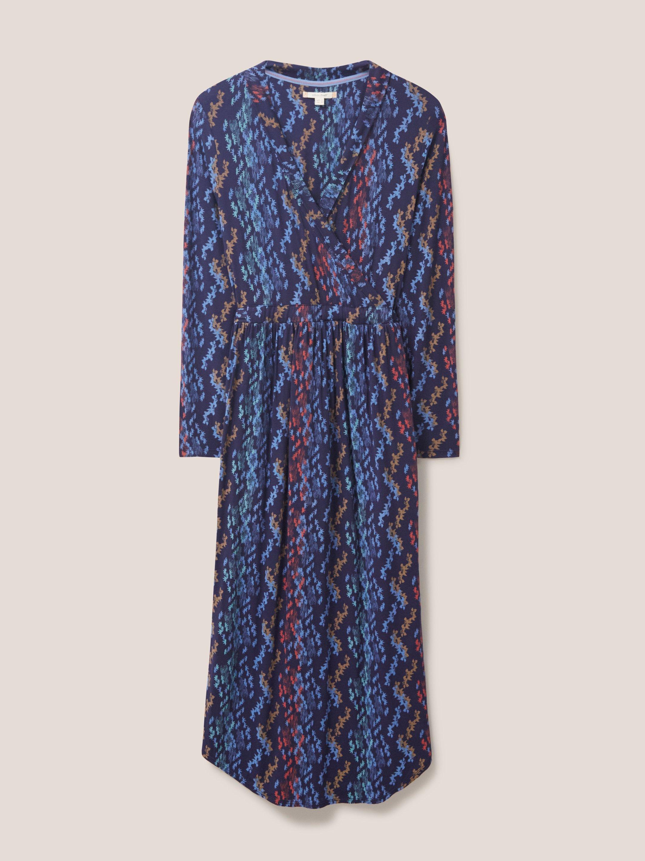 Zena Jersey Wrap Dress in NAVY MULTI - FLAT FRONT