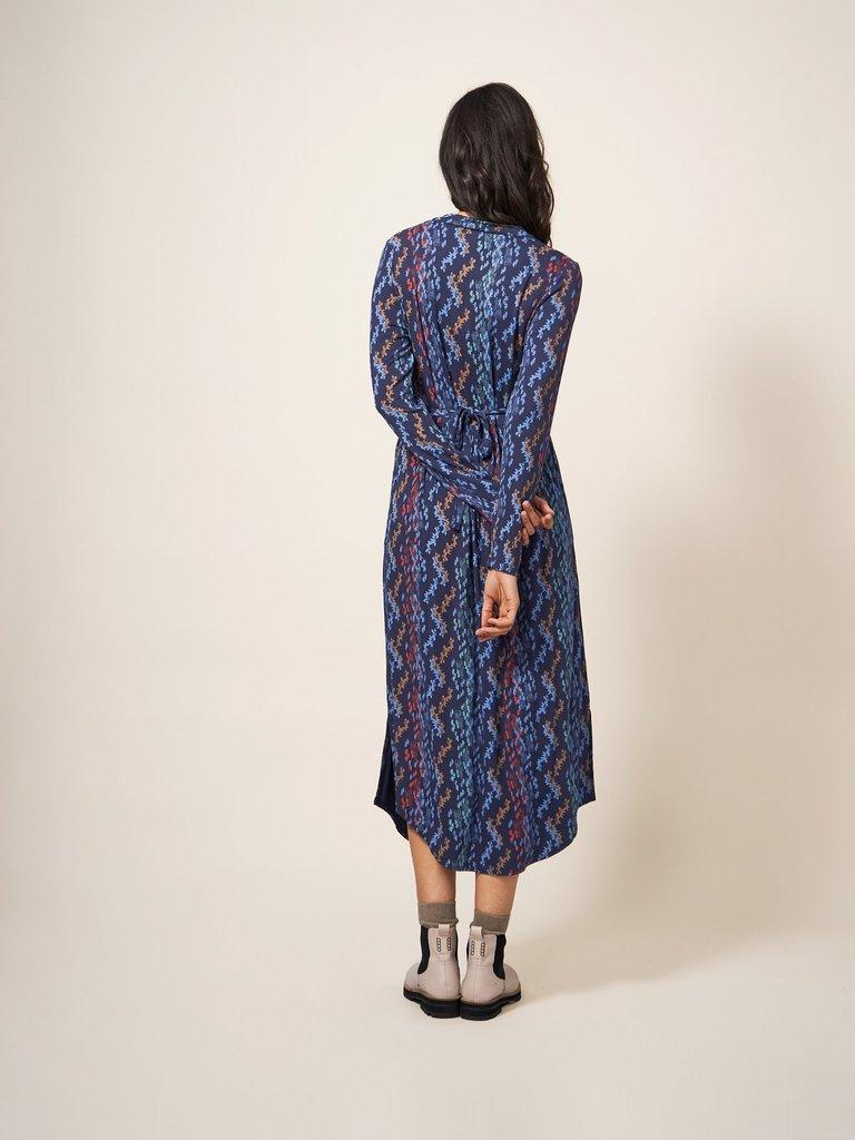 Zena Jersey Wrap Dress in NAVY MULTI - MODEL BACK