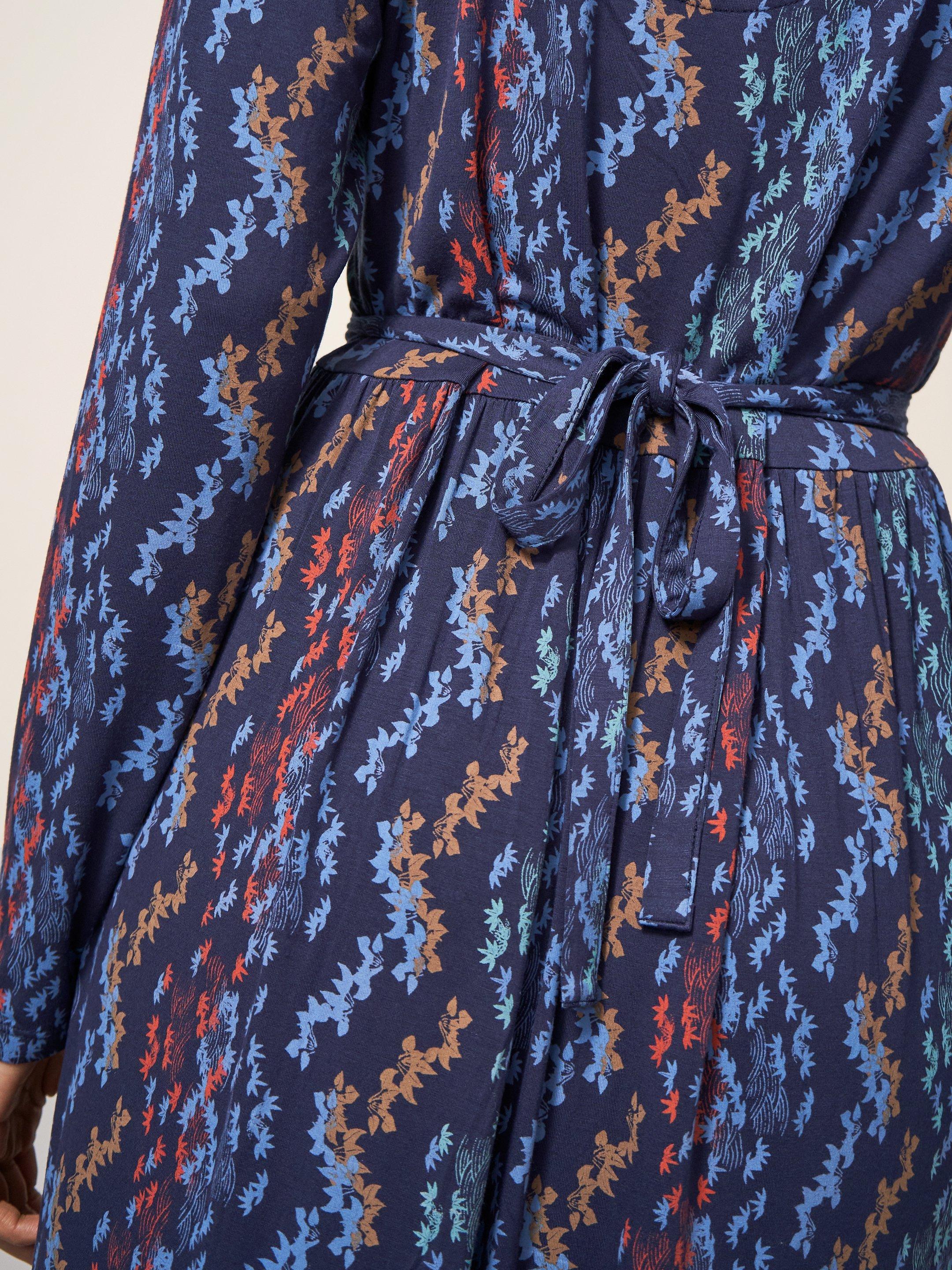 Zena Jersey Wrap Dress in NAVY MULTI - MODEL DETAIL