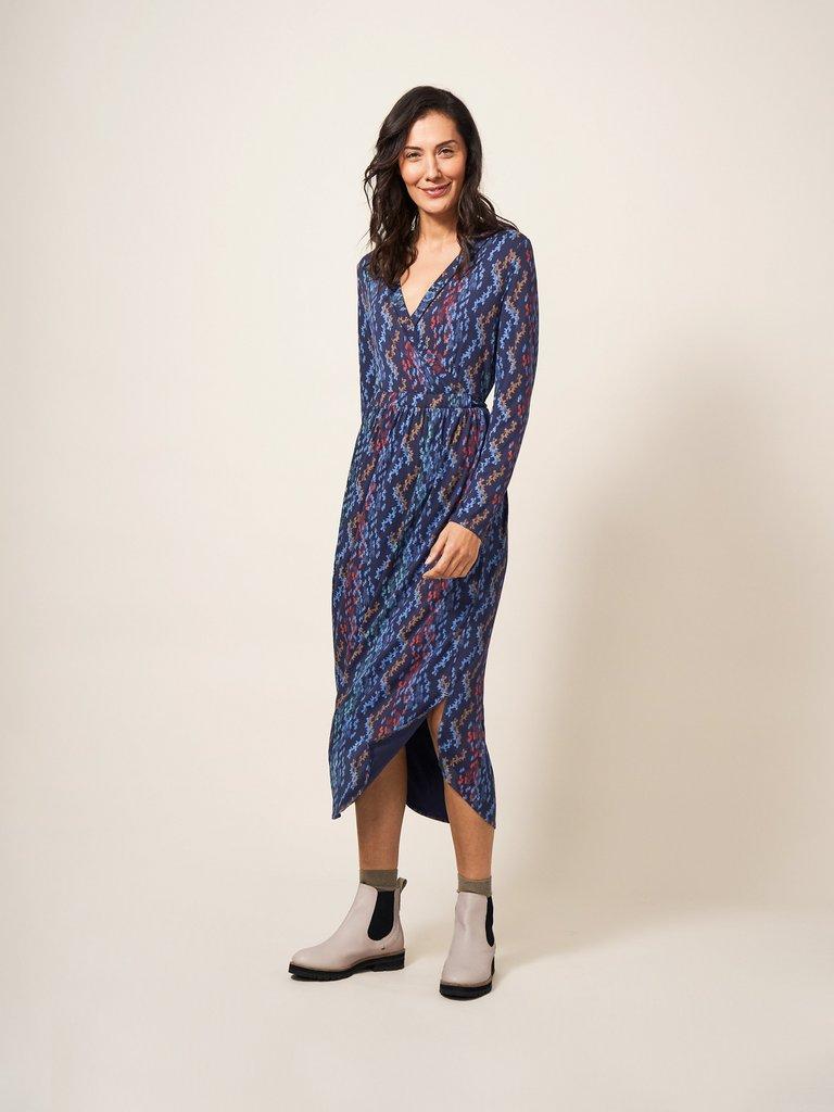 Zena Jersey Wrap Dress in NAVY MULTI - MODEL FRONT