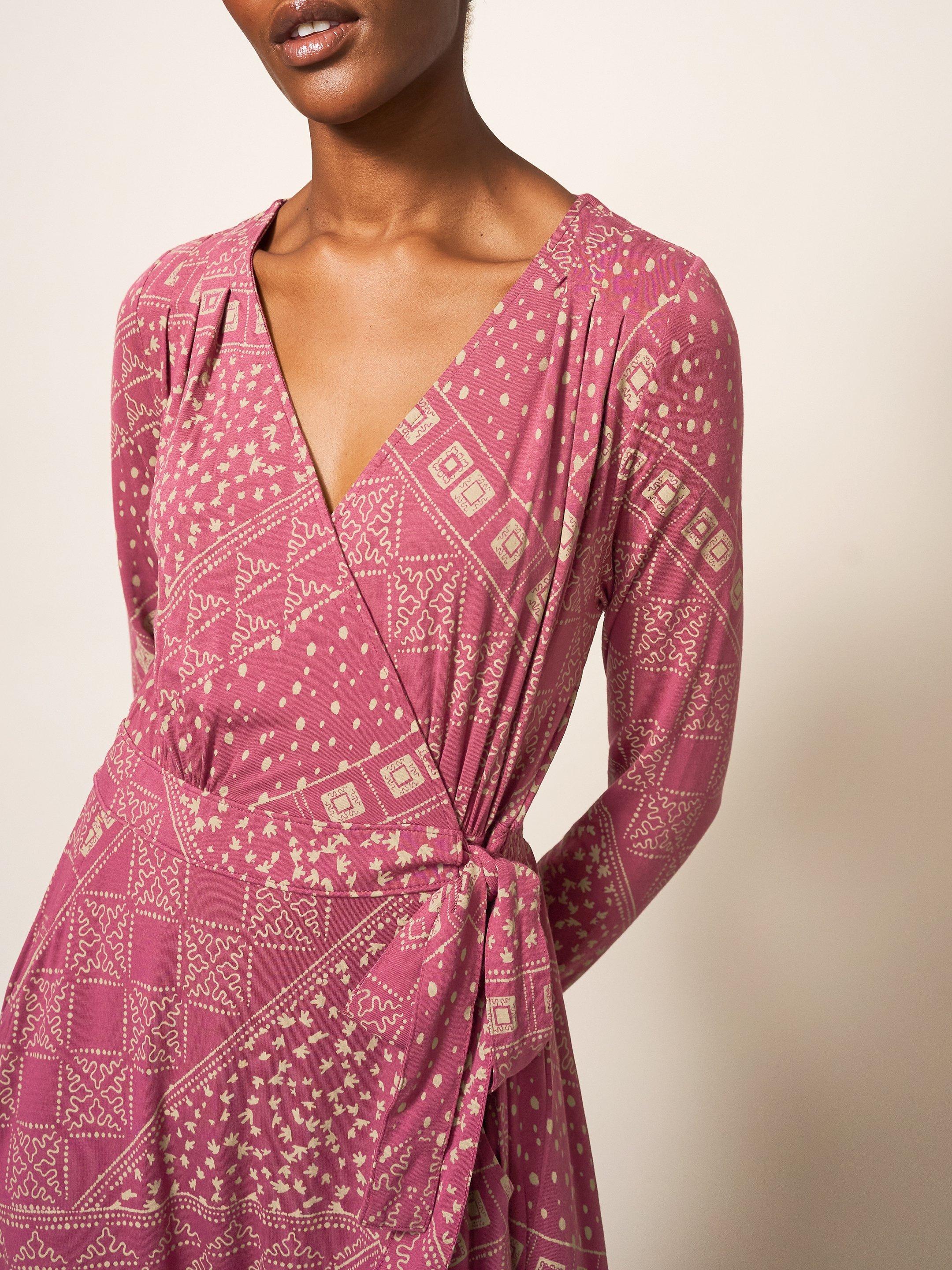Rose Eco Vero Wrap Dress in PLUM MLT - MODEL DETAIL