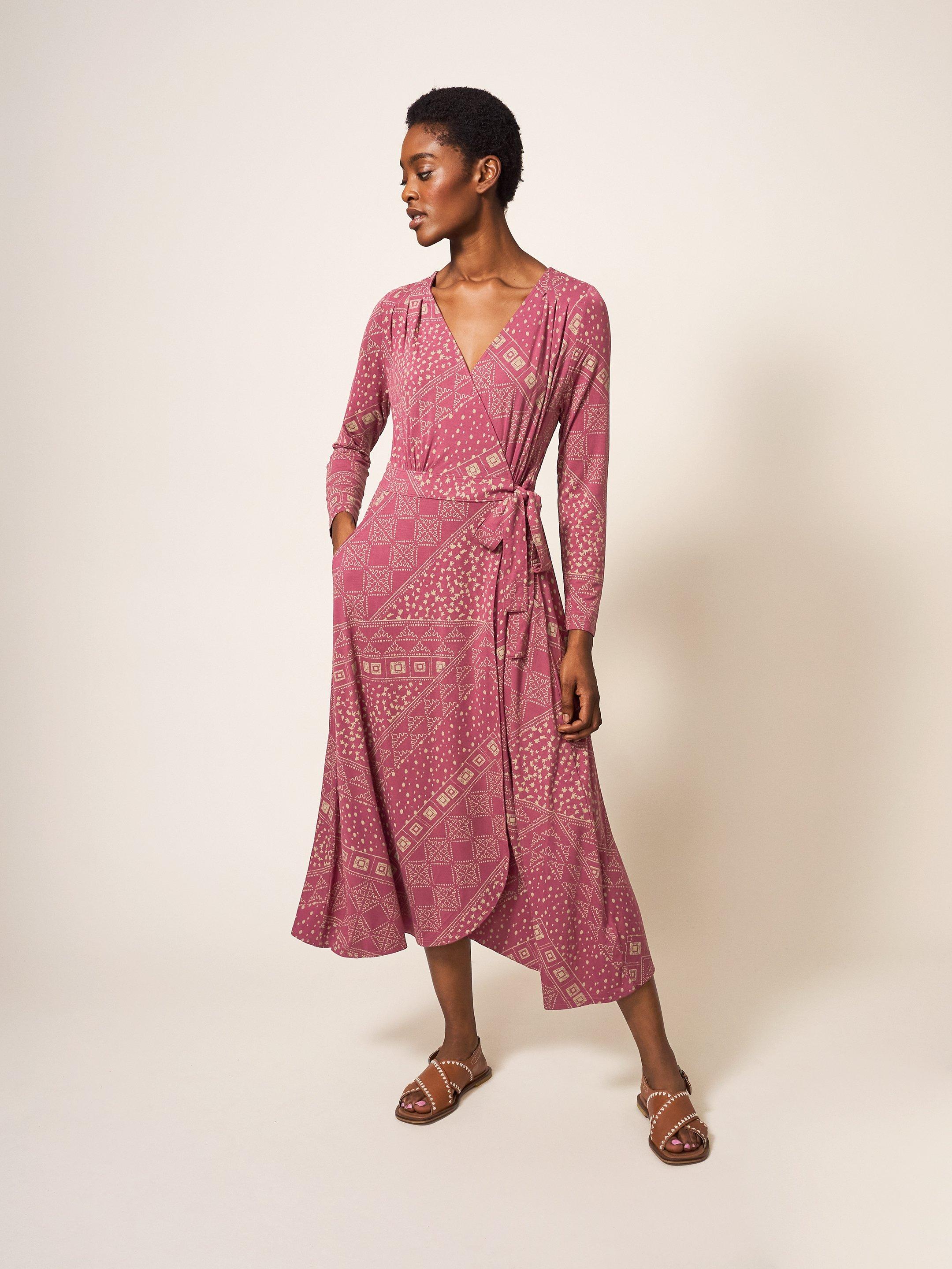 Rose Eco Vero Wrap Dress in PLUM MLT - MODEL FRONT