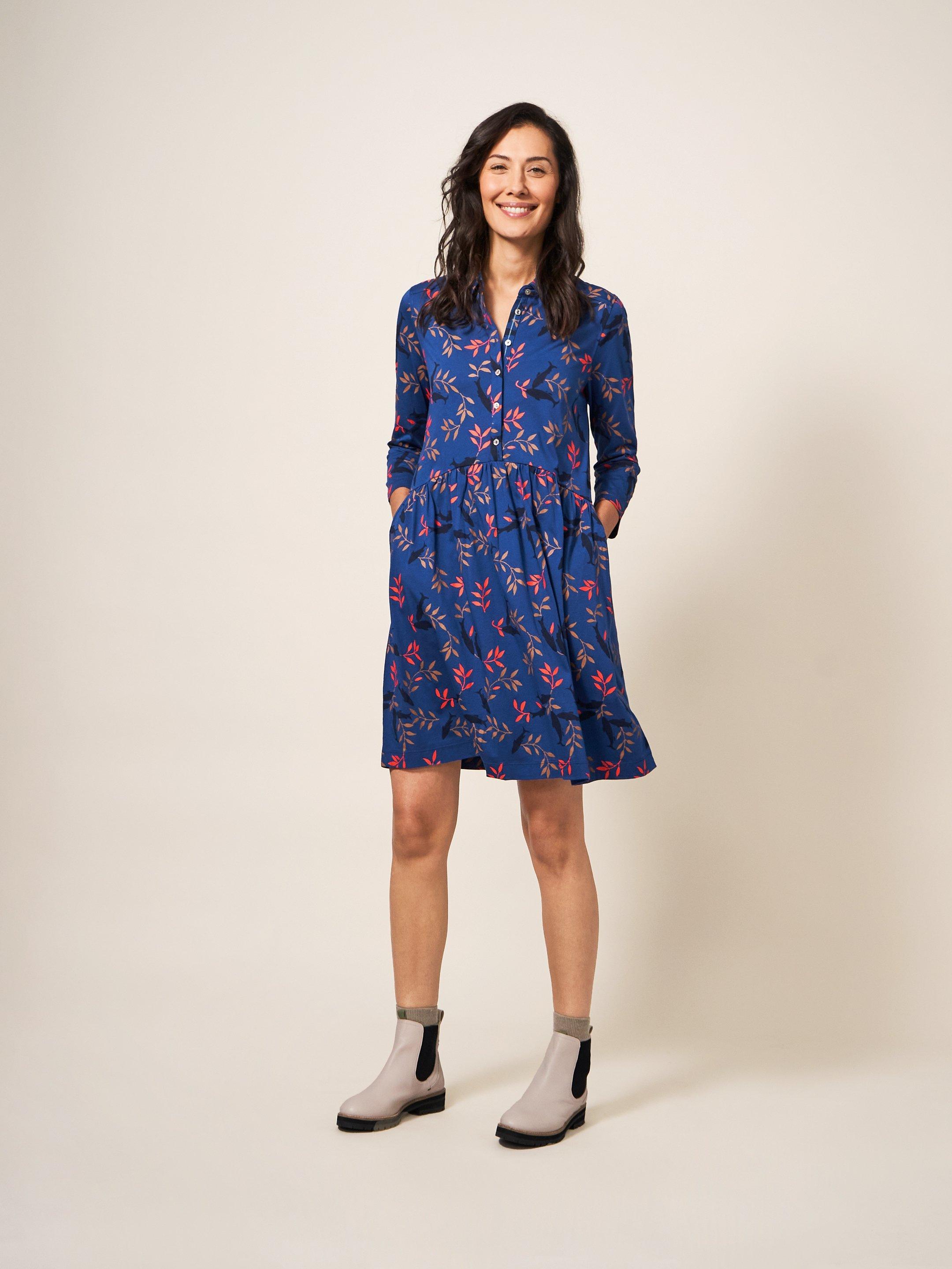 Everly Jersey Dress in NAVY MULTI - MODEL FRONT