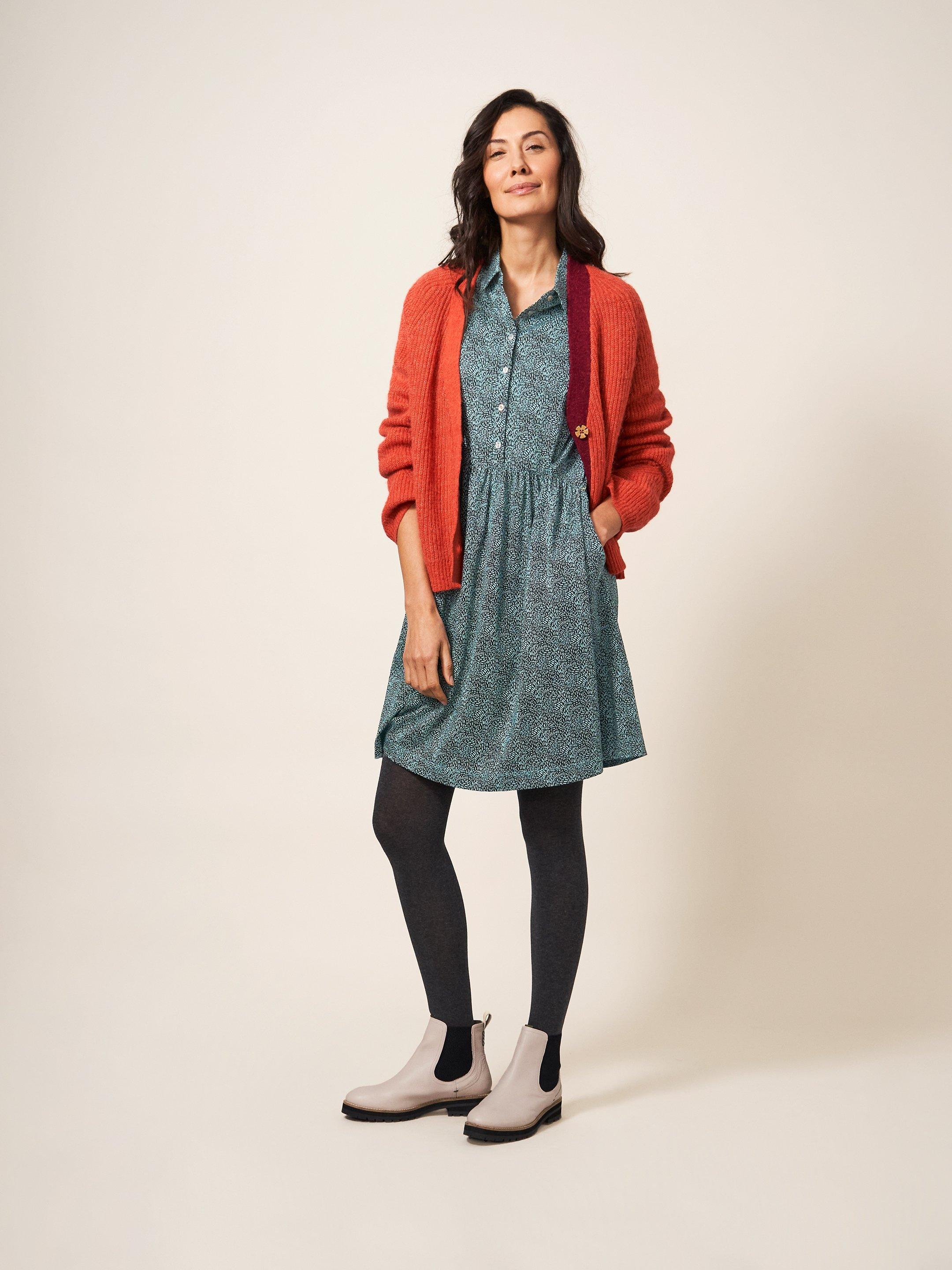 Everly Jersey Dress in TEAL MLT - MODEL FRONT
