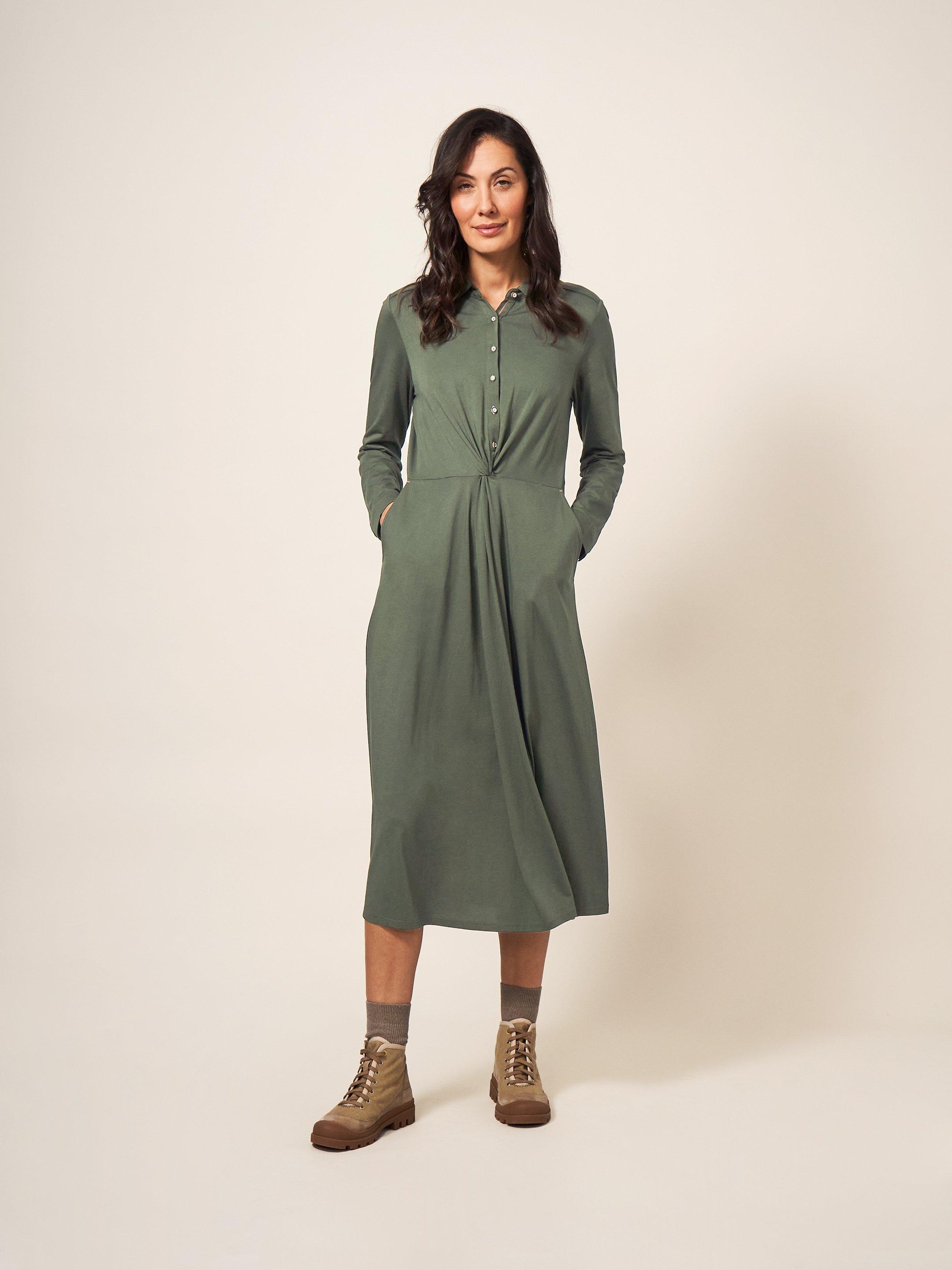 Jane Jersey Shirt Dress in DARK GREEN