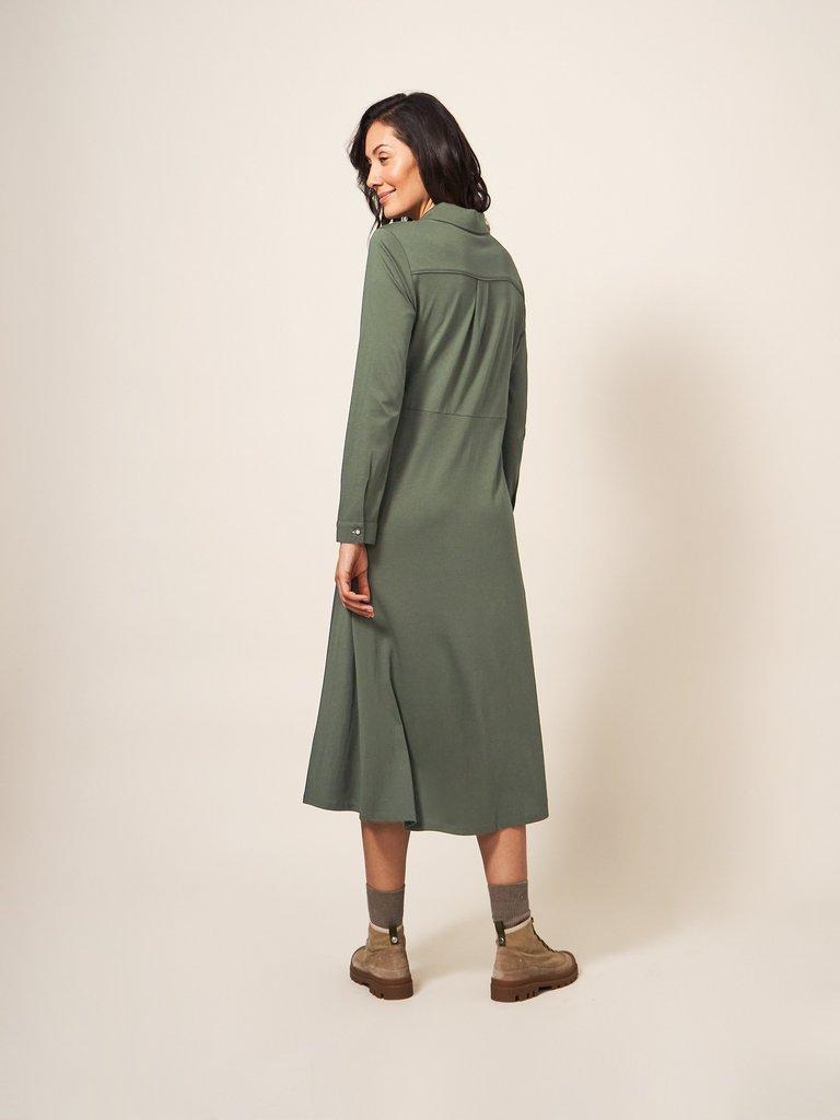 Jane Jersey Shirt Dress in DK GREEN - MODEL BACK