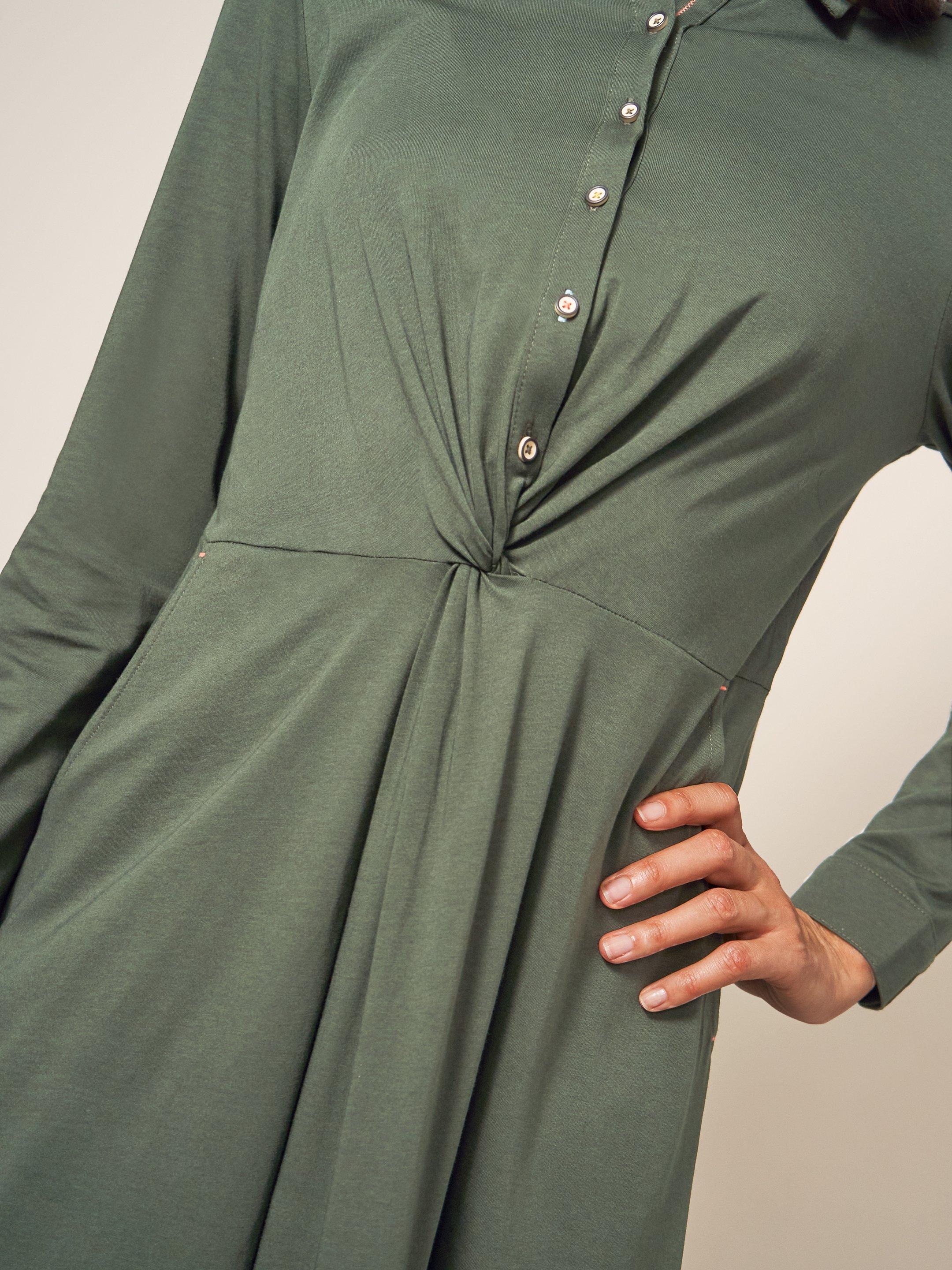 Jane Jersey Shirt Dress in DK GREEN - MODEL DETAIL